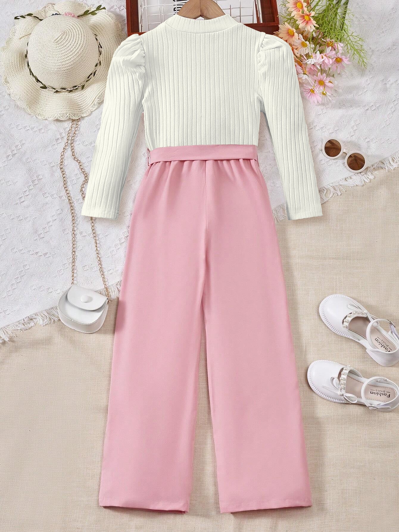 Girls'Ribbed Top & High-Waisted Belted Pants Set Wholesale