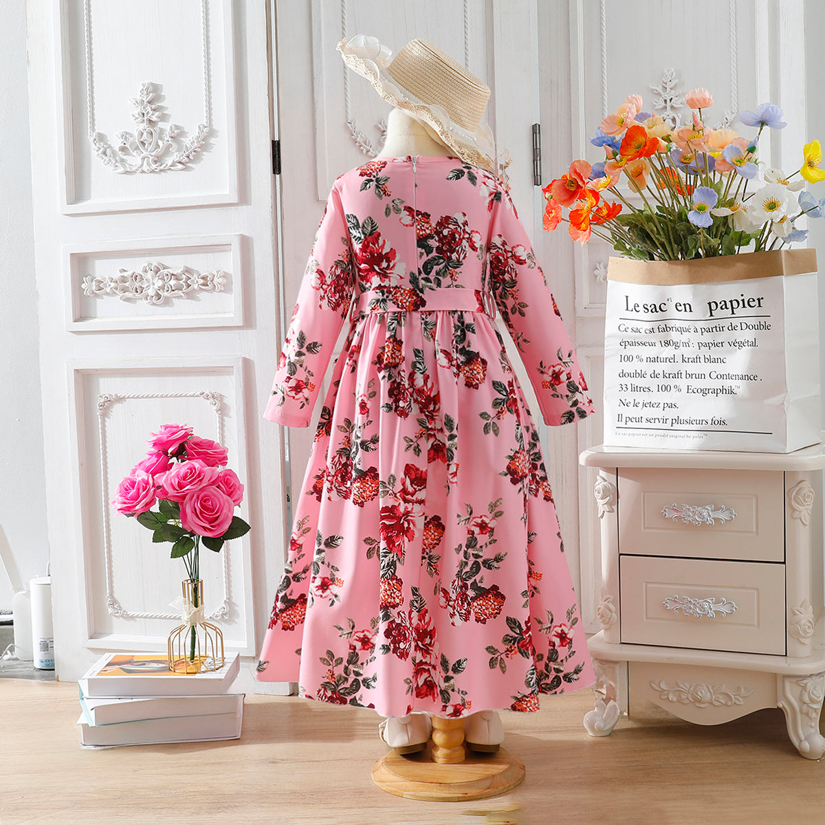 Girls' Pink and Red Floral Long-Sleeve Maxi Dress Wholesale
