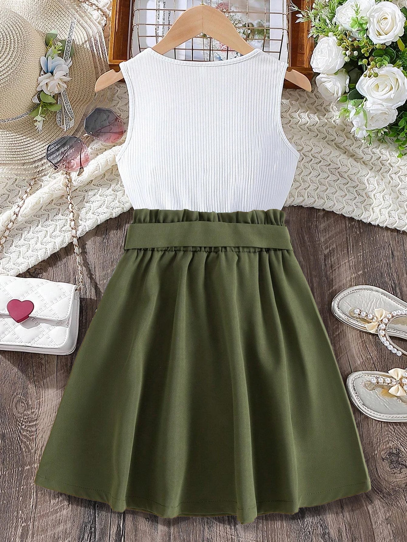 Girls' Sleeveless Top & High-Waisted Skirt Set Wholesale