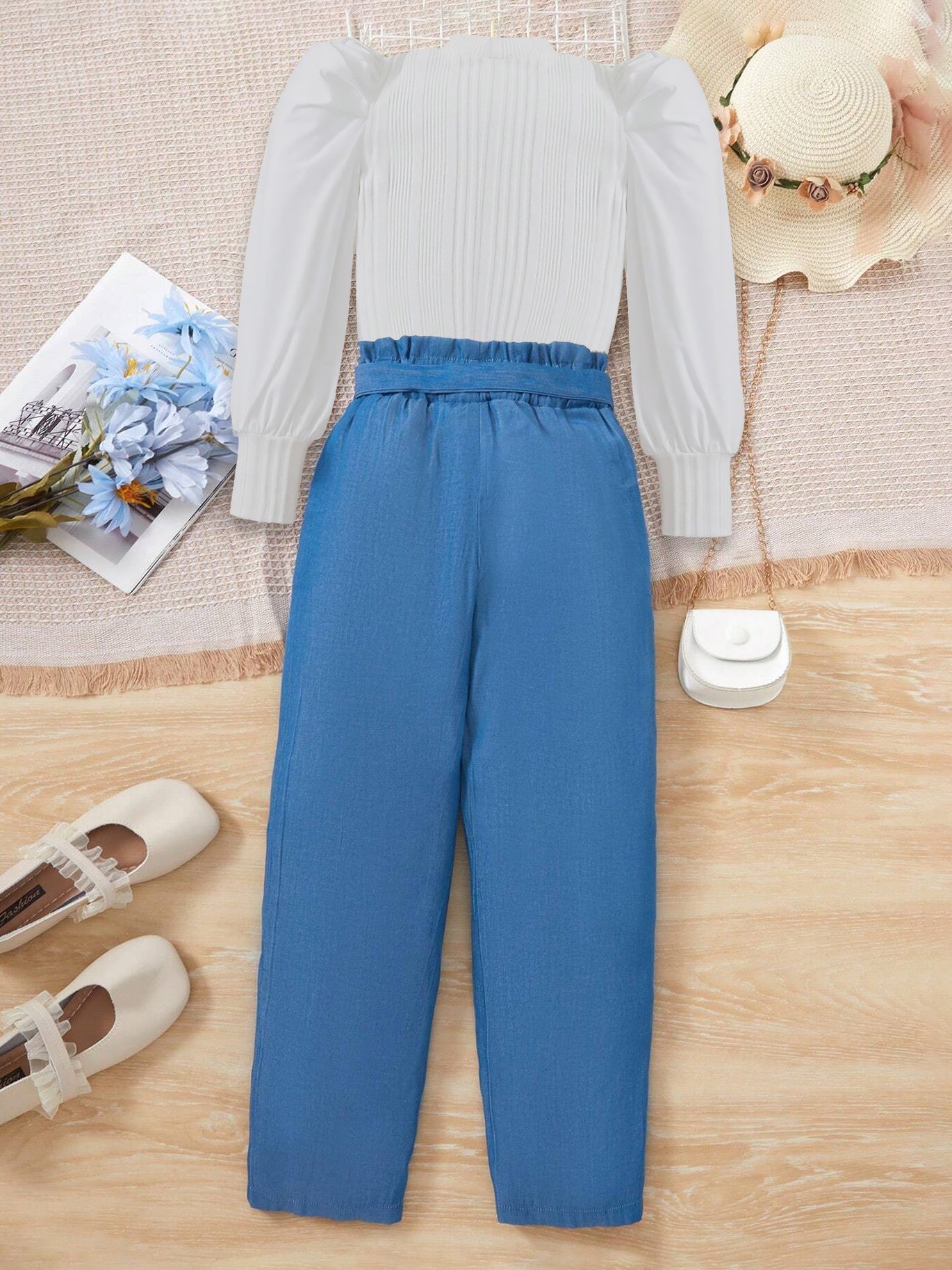 Girls' Puff Sleeve Ribbed Top & High-Waisted Belted Pants Set Wholesale