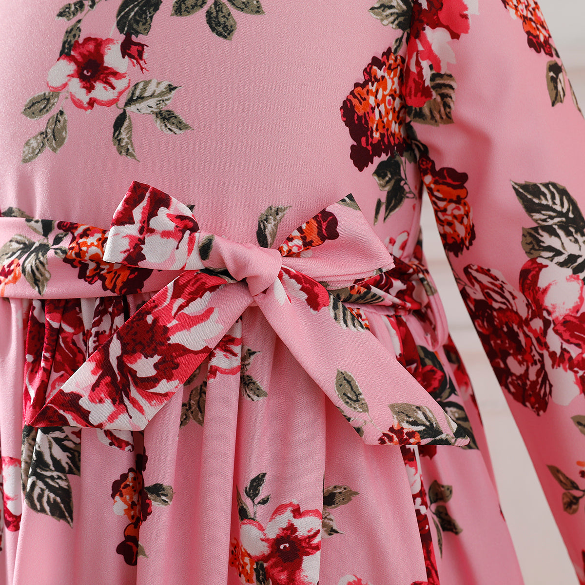 Girls' Pink and Red Floral Long-Sleeve Maxi Dress Wholesale