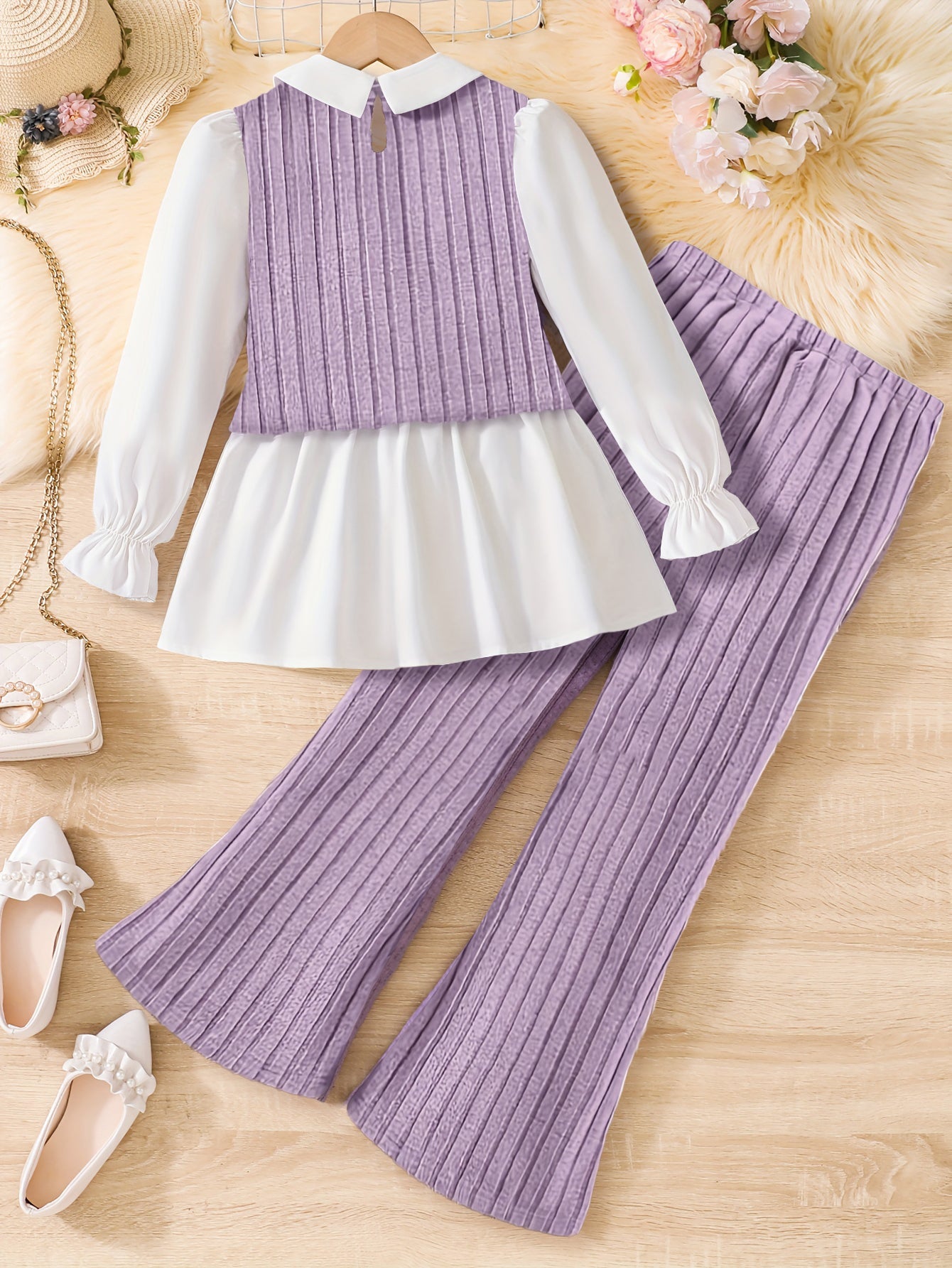 Lavender Ribbed Knit Peplum Top & Flared Pants Set for Girls