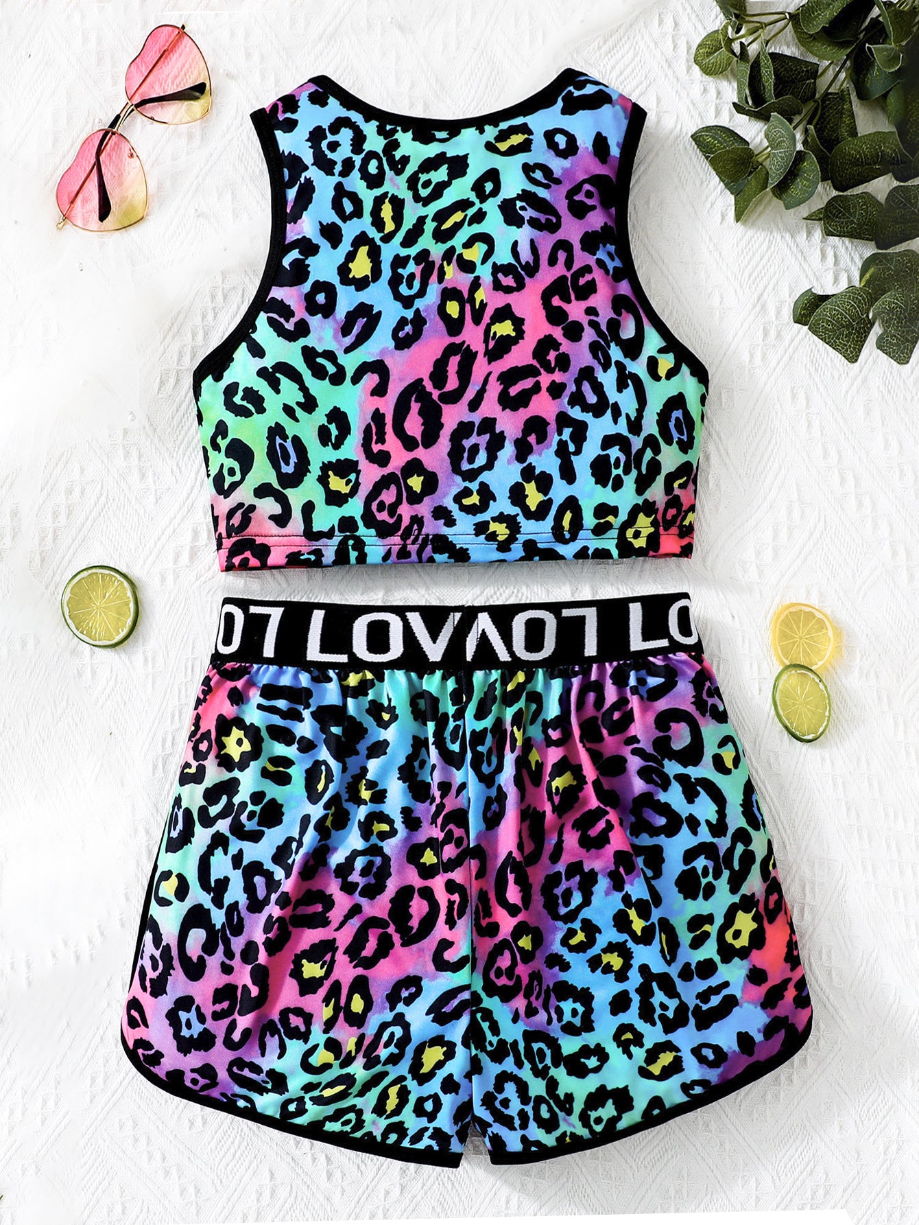 Girls' Neon Leopard Print Crop Top and Shorts Set Wholesale