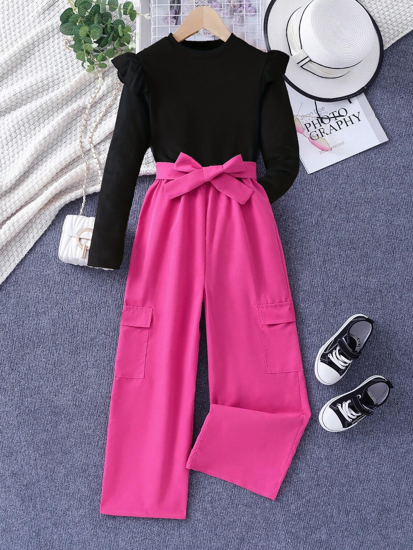 Girls' Ruffled Sleeve Top and High-Waisted Bow-Tied Cargo Pants Set Wholesale