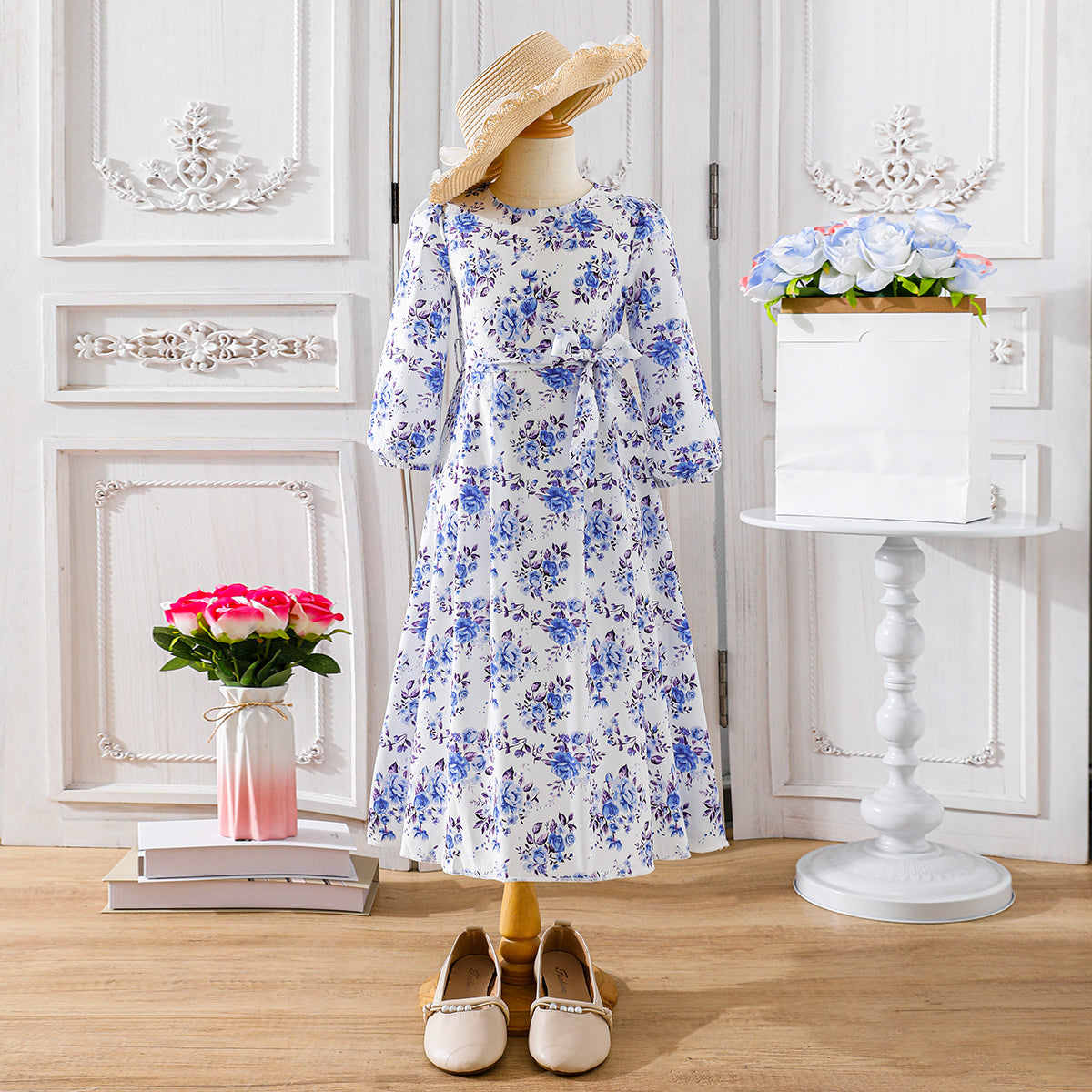 Girls' Pink Floral Long-Sleeve Maxi Dress Wholesale