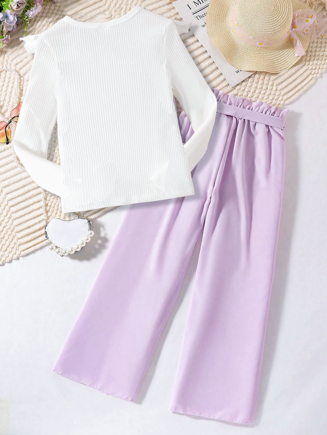 Girls' Ruffled Heart Print Top & Tie Belt Pants Set Wholesale