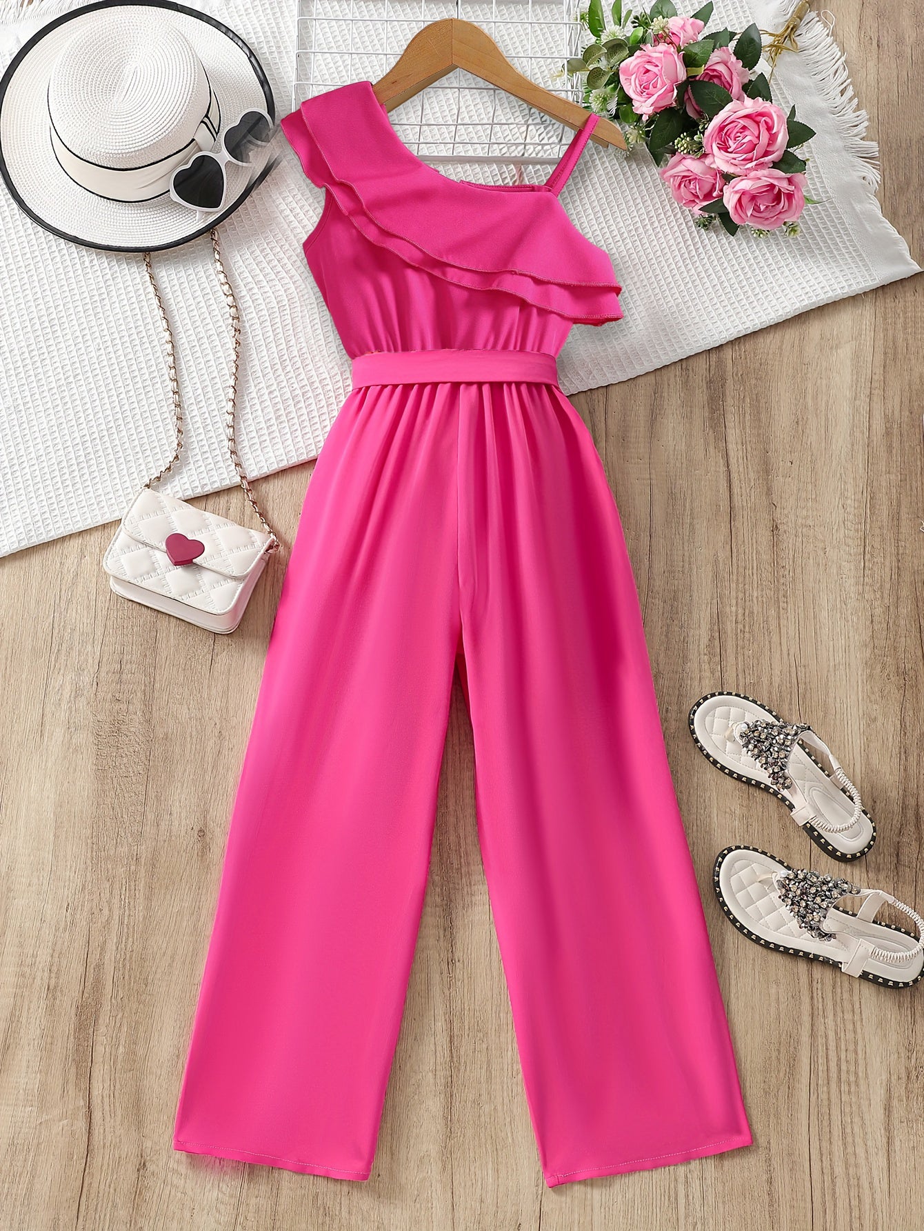 Girls' Pink One-Shoulder Ruffle Jumpsuit Wholesale