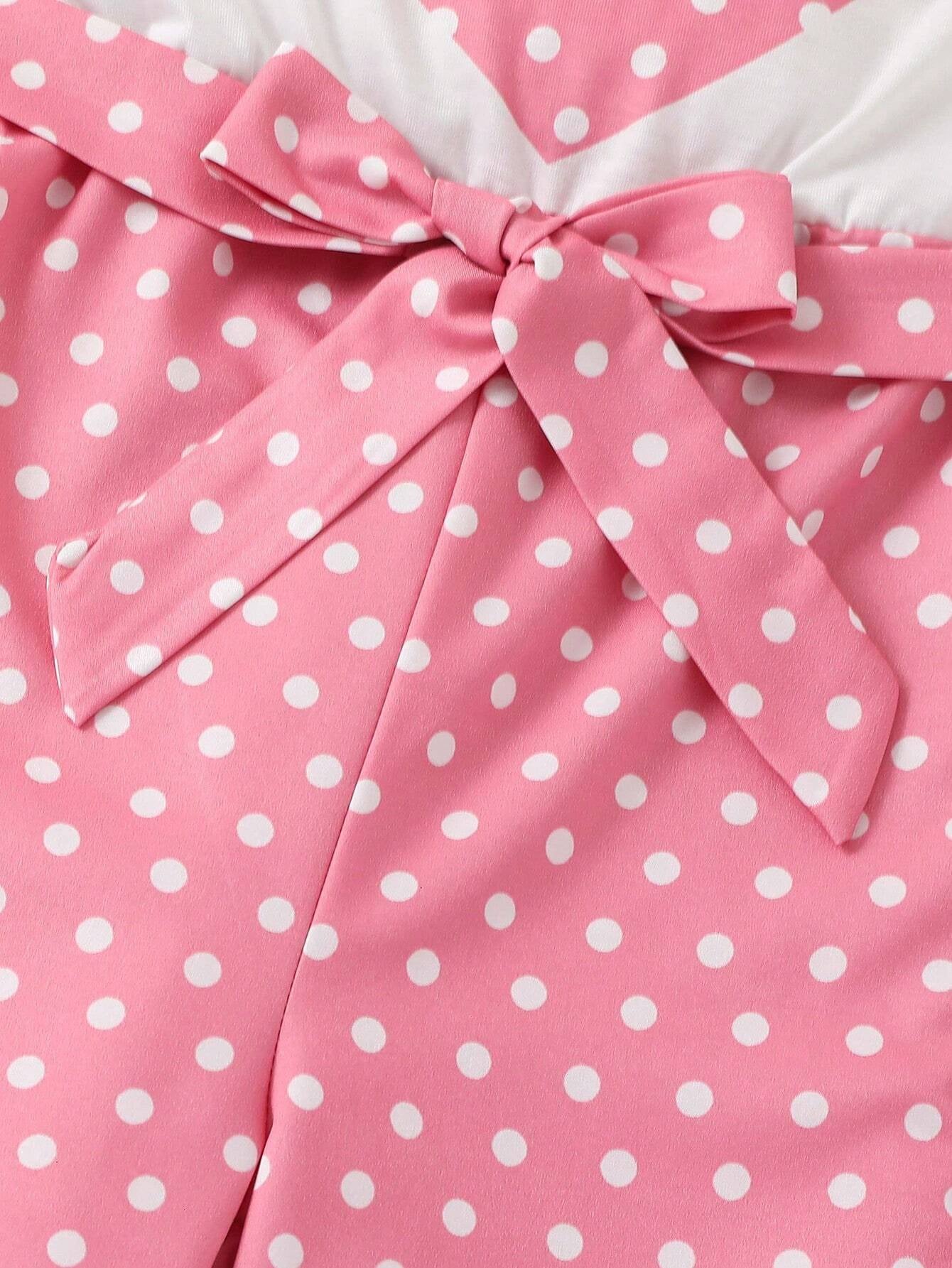 Girls' Heart Print Top & Pink Polka Dot Wide-Leg Pants Set Wholesale