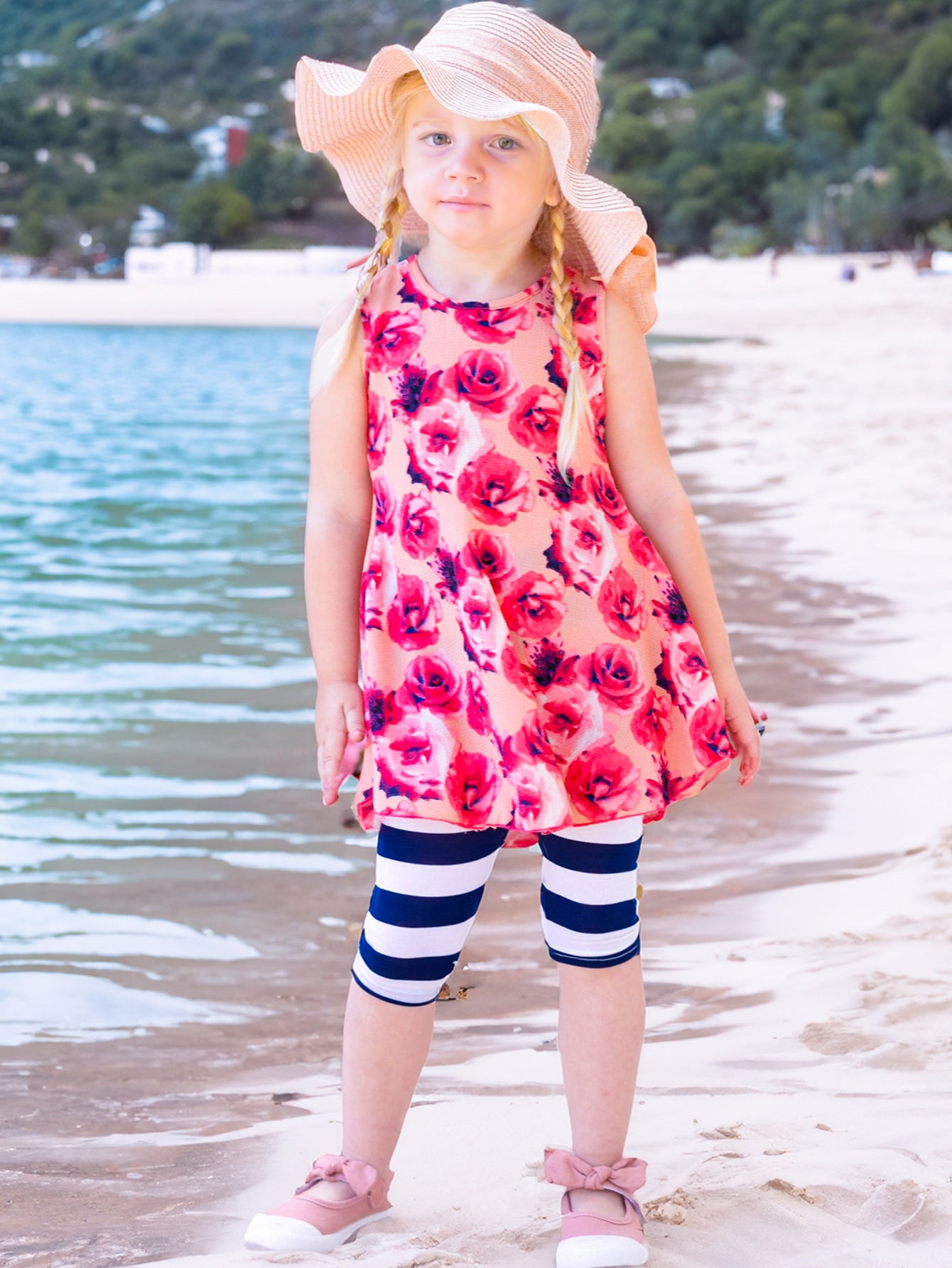 Girls' Floral Top & Striped Leggings Set Wholesale