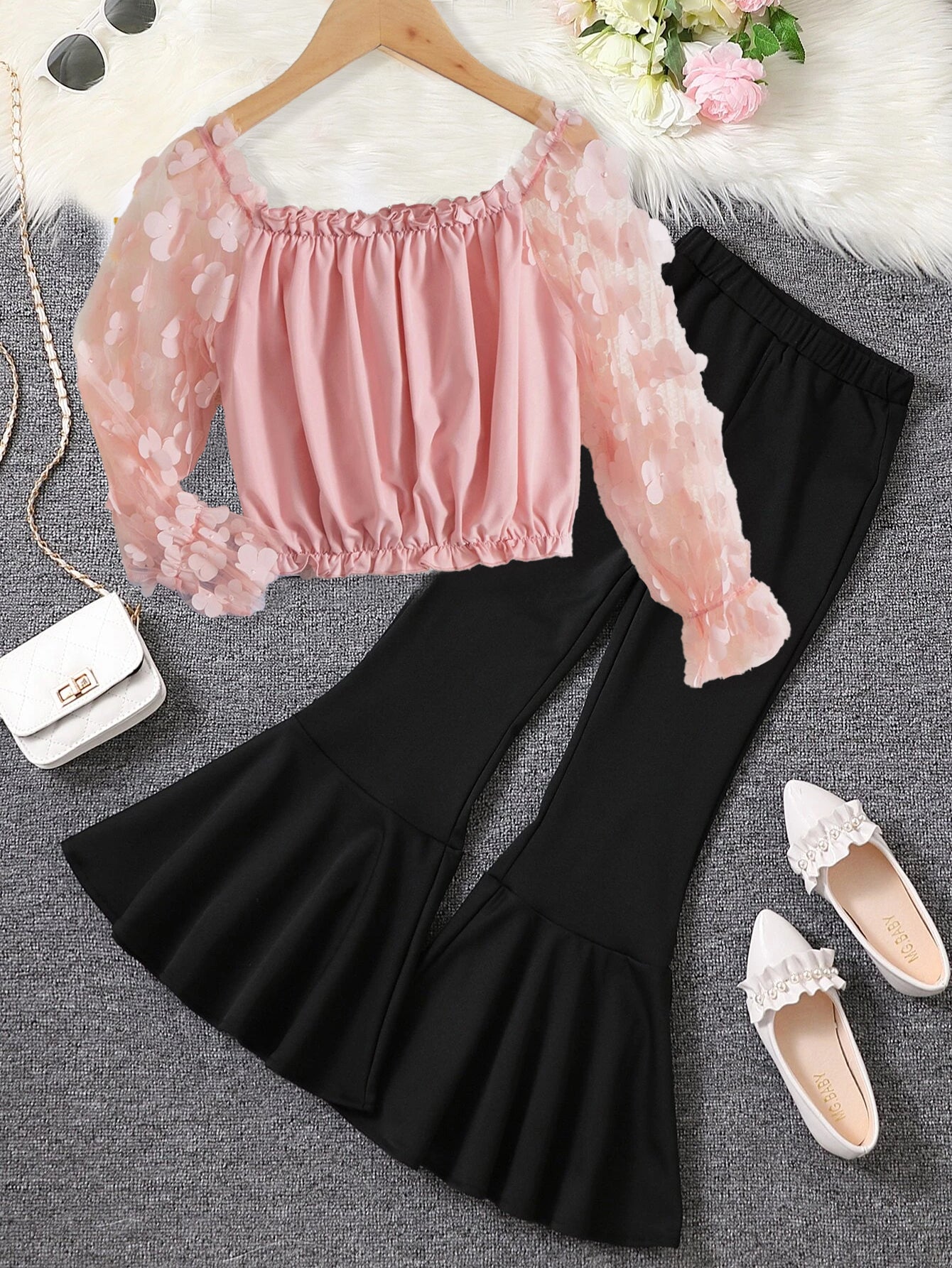 Girls' Off-Shoulder 3D Floral Top and Flared Pants Set Wholesale