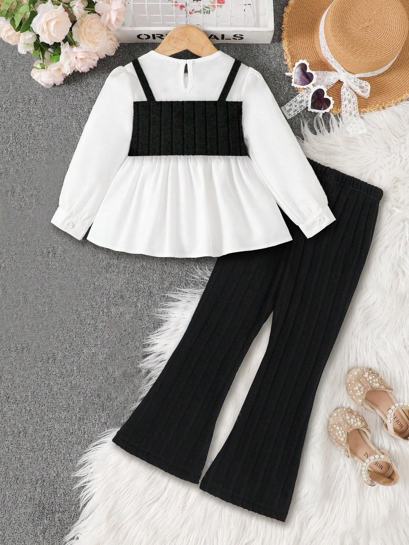 Girls'Ribbed Knit & Peplum Top with Flared Pants Set Wholesale
