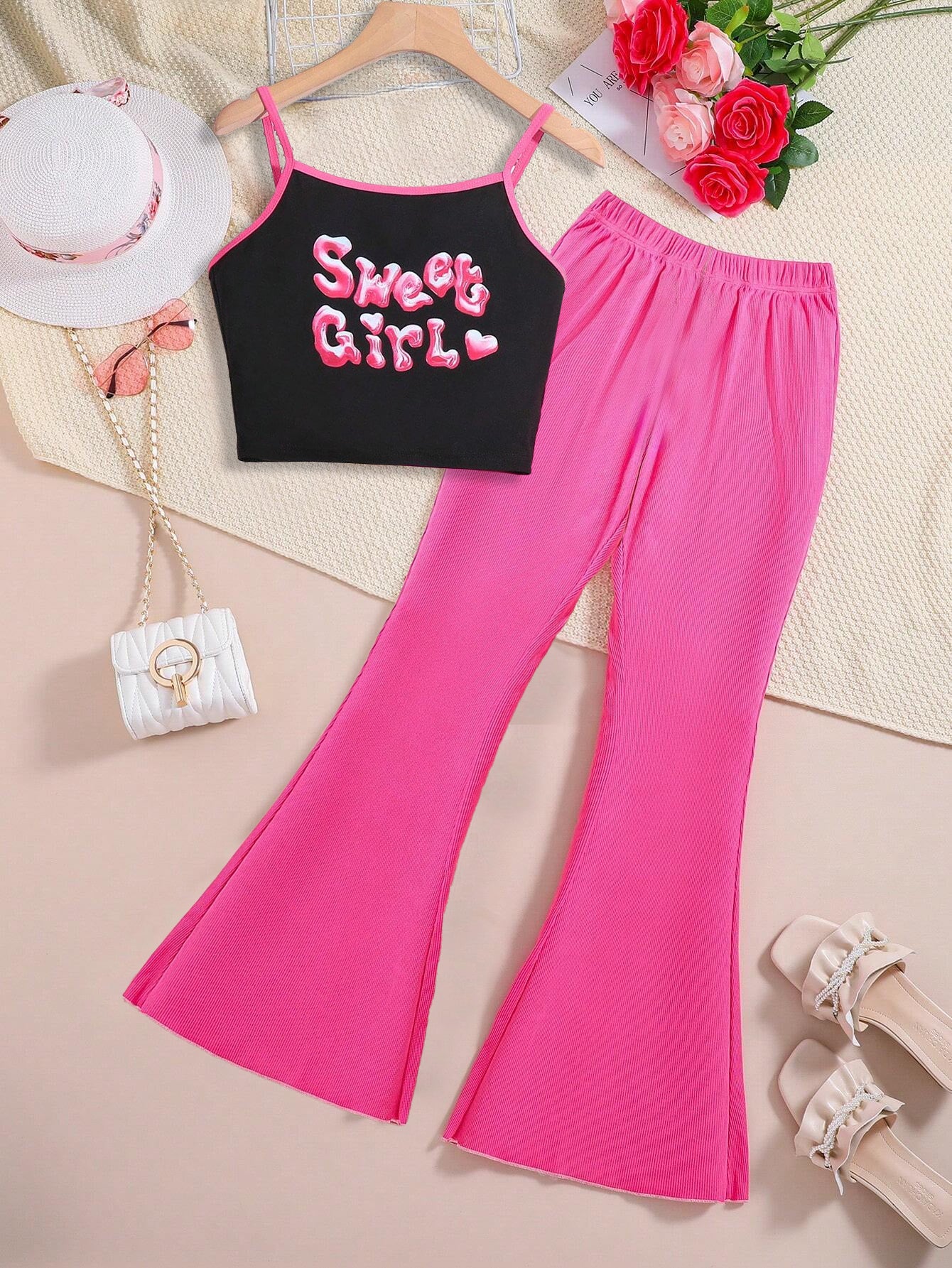 Girls'tank Top & Flared Pink Pants Set Wholesale
