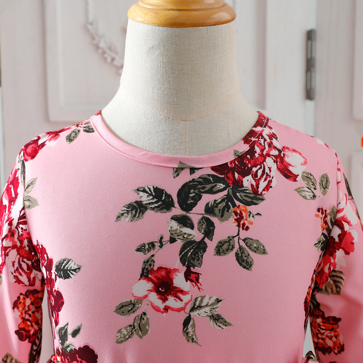 Girls' Pink and Red Floral Long-Sleeve Maxi Dress Wholesale