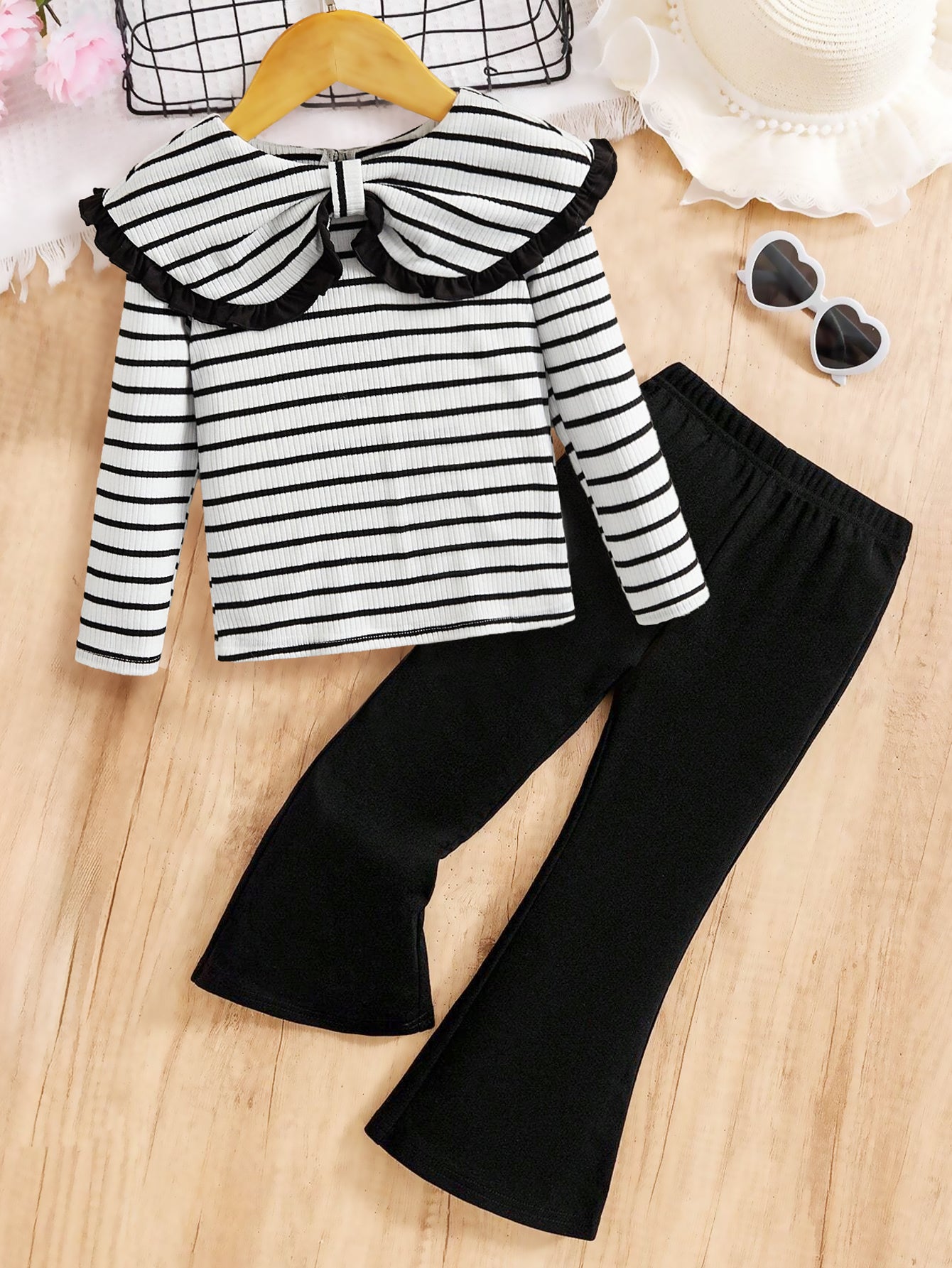 Girls’ Striped Ruffle Collar Top and Flared Pants Set Wholesale