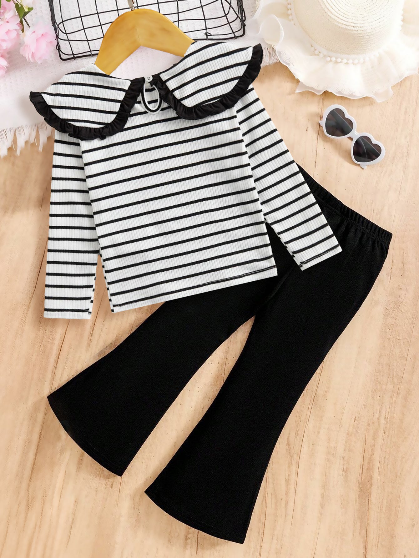 Girls’ Striped Ruffle Collar Top and Flared Pants Set Wholesale