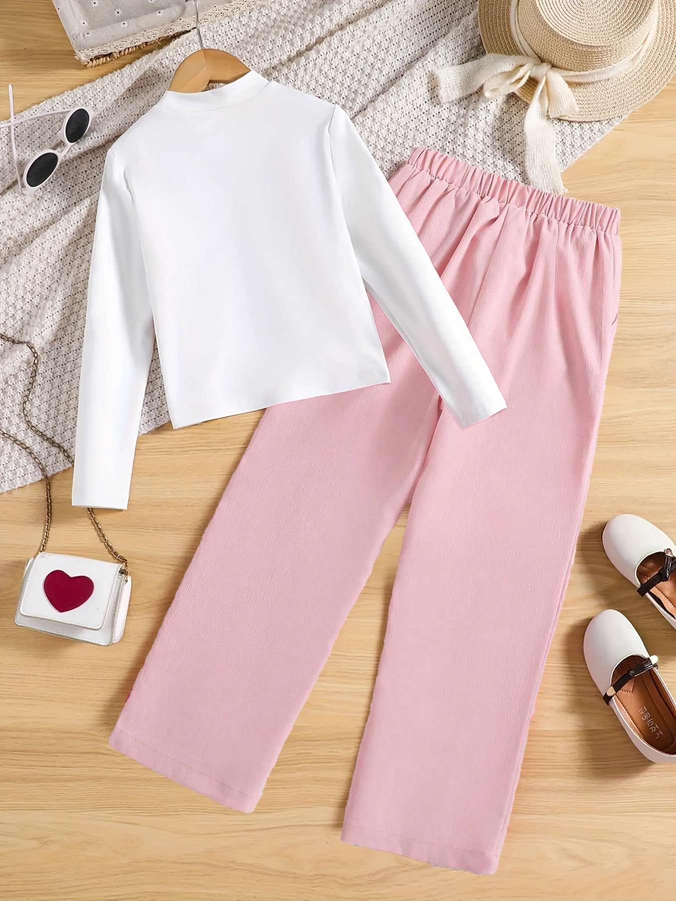 Girls' Three-Piece Pink Vest,Pants & Mock Neck Top Set Wholesale