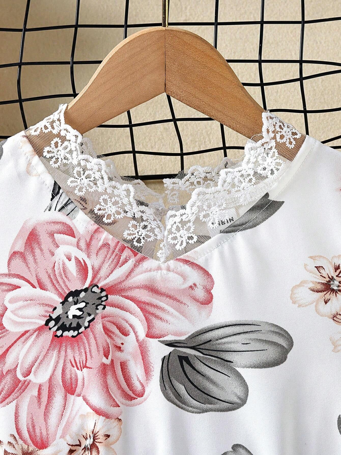 Girls' Floral Lace Top with High-Waisted Pink Pants Set Wholesale