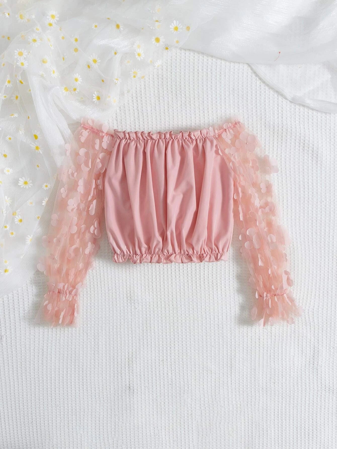 Girls' Off-Shoulder 3D Floral Top and Flared Pants Set Wholesale
