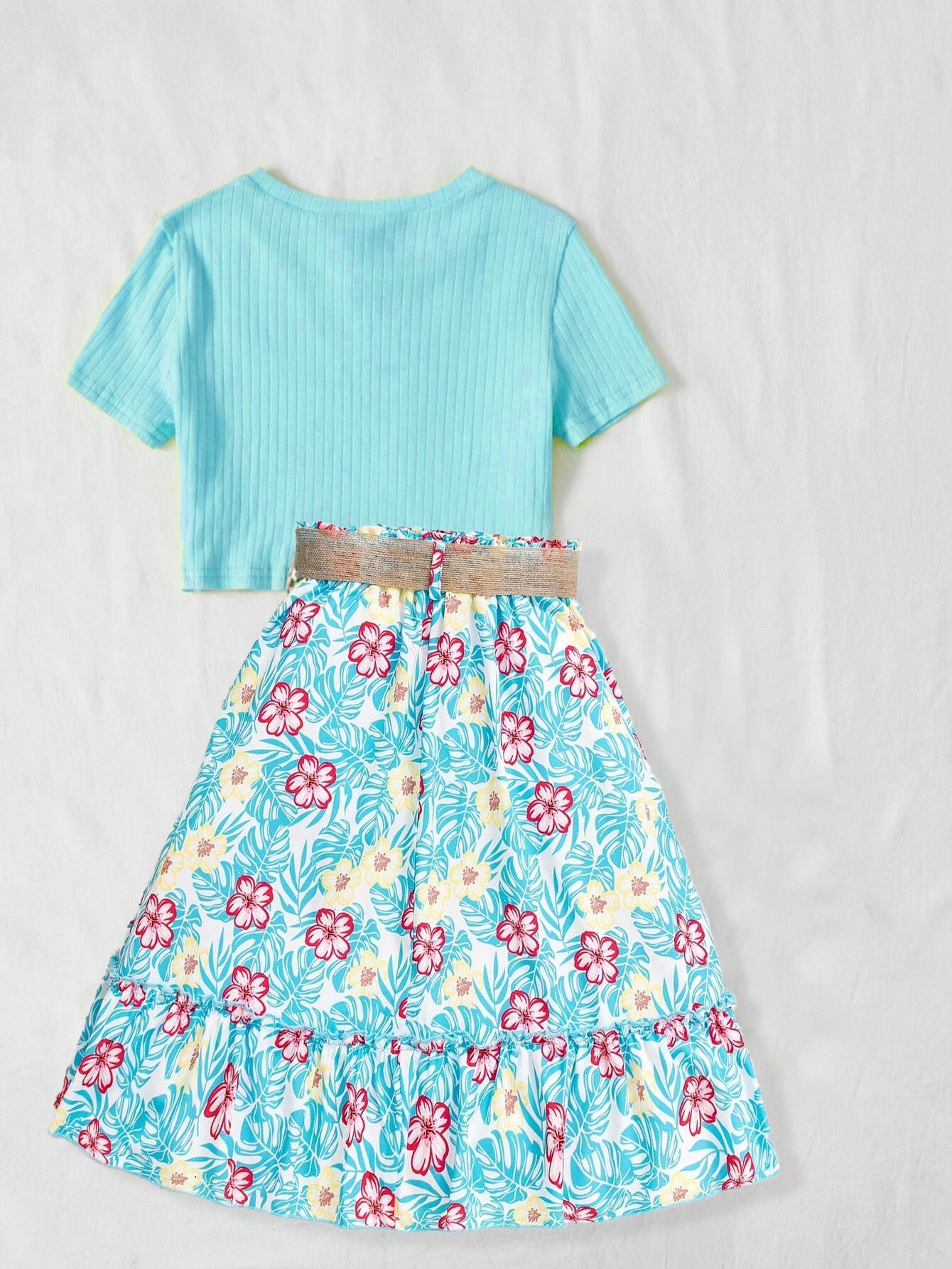 Girls' Tropical Floral Skirt and Mint Green Ribbed Top Set Wholesale