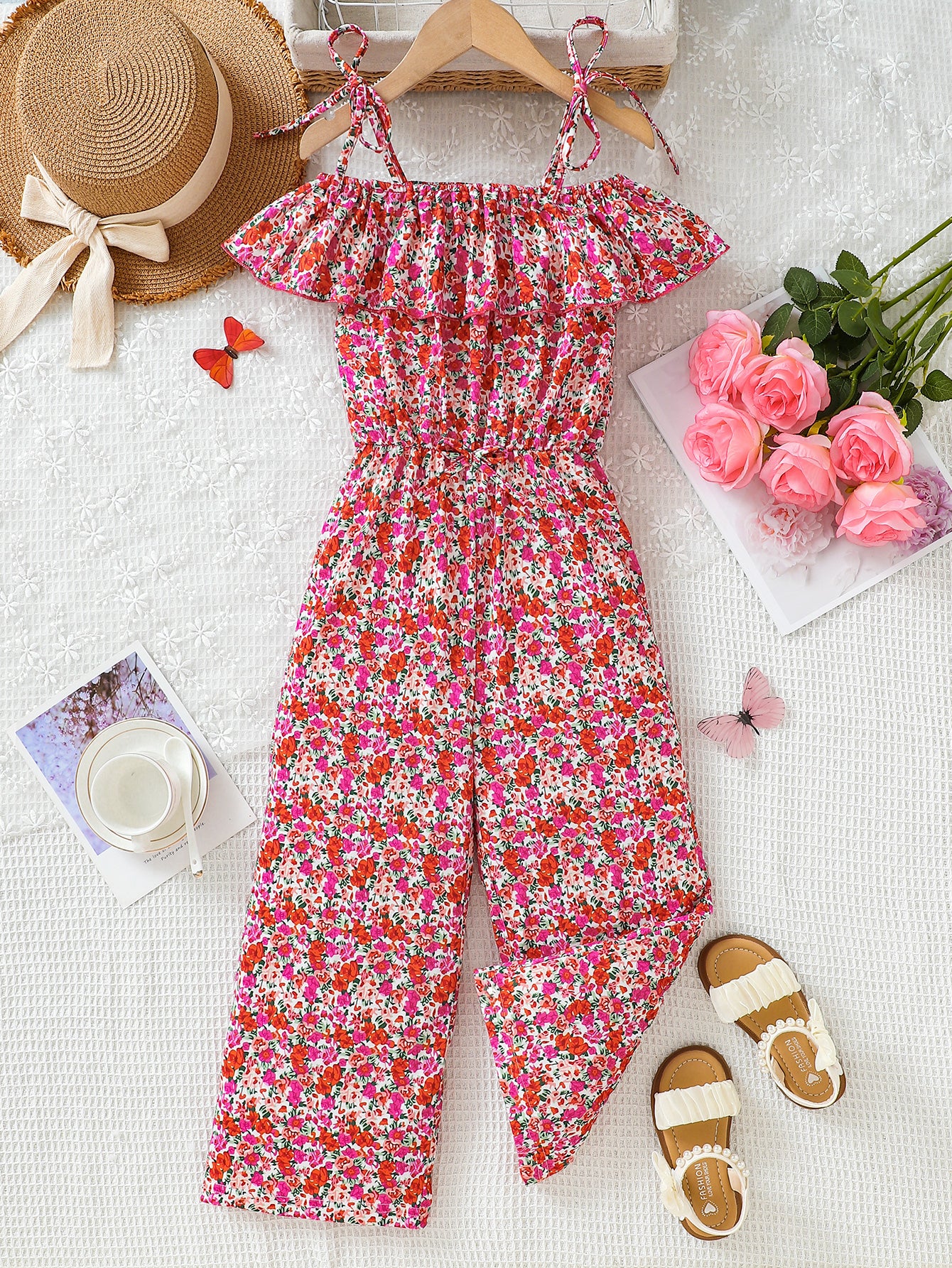 Floral Print Off-Shoulder Girls' Jumpsuit Wholesale