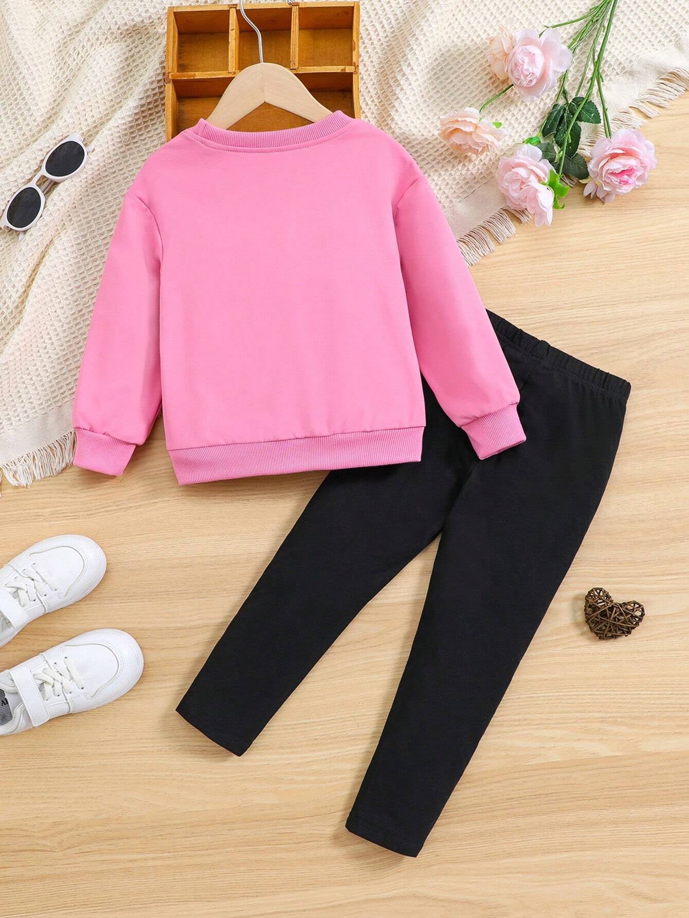 Girls' Pink Fun Girl Sweatshirt & Black Leggings Set Wholesale