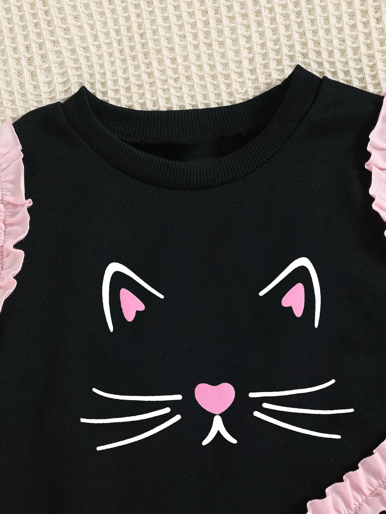 Cute Cat Face Sweatshirt & Ruffled Jogger Set for Girls Wholesale