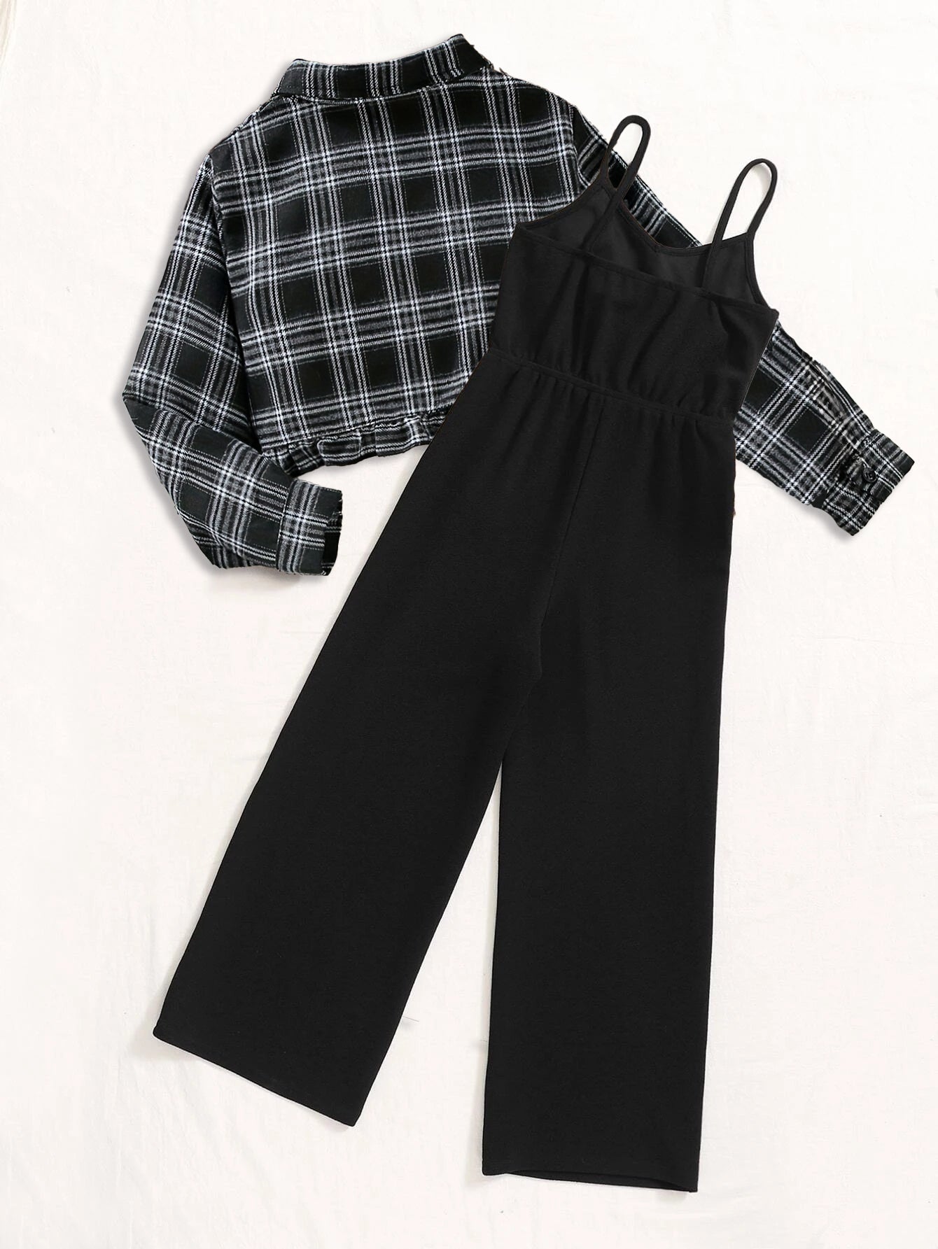Girls' Plaid Crop Shirt and Black Spaghetti Strap Jumpsuit Set Wholesale