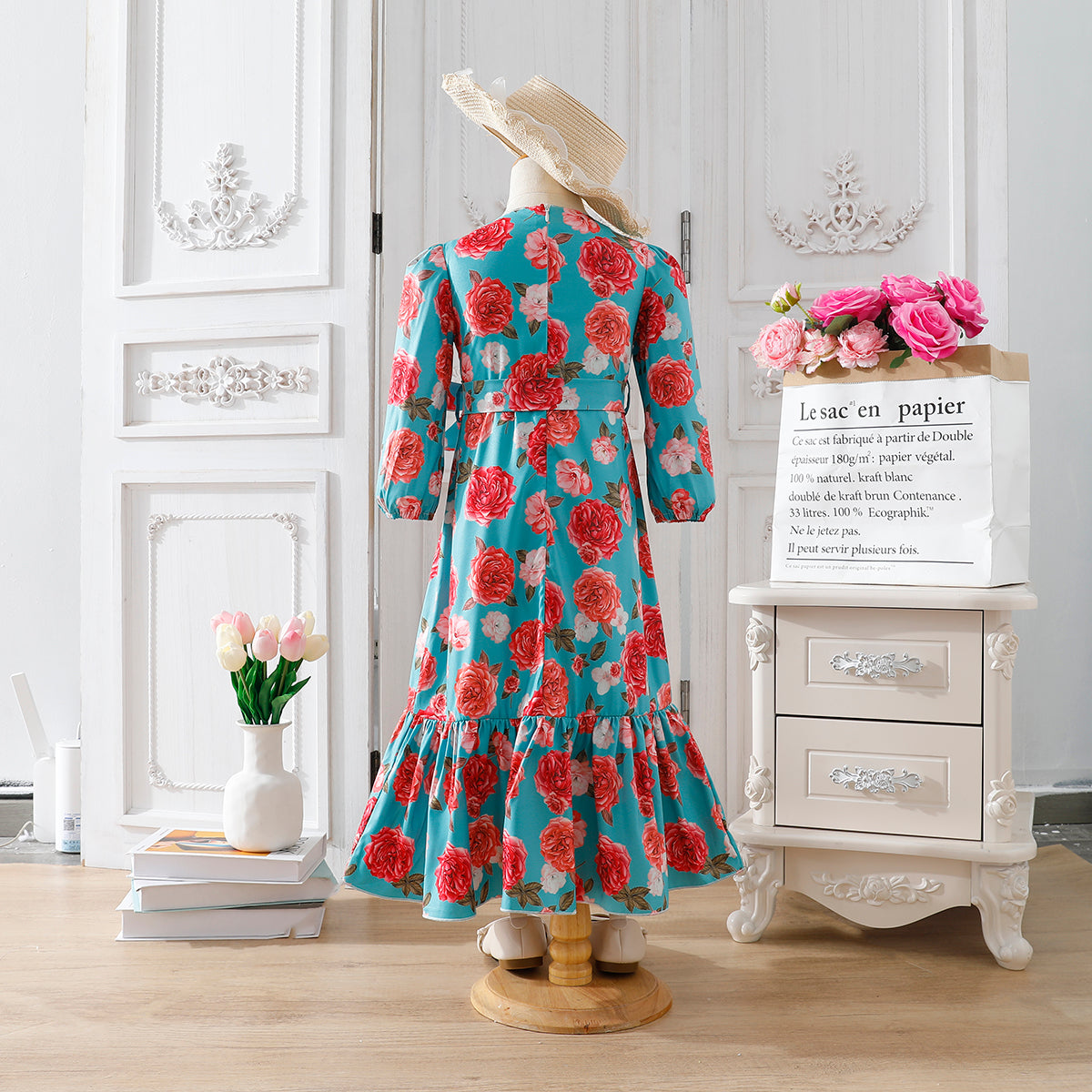 Girls' Aqua Blue Floral Long-Sleeve Maxi Dress Wholesale