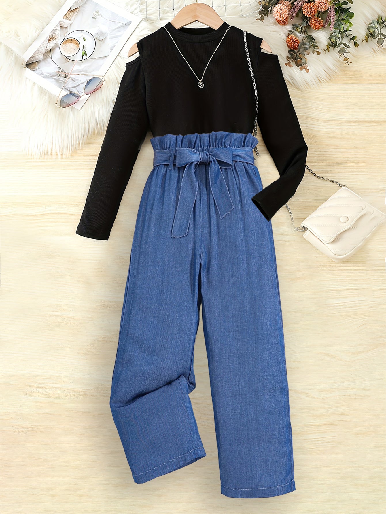 Girls' Cold Shoulder Top and High-Waisted Denim Pants Set Wholesale