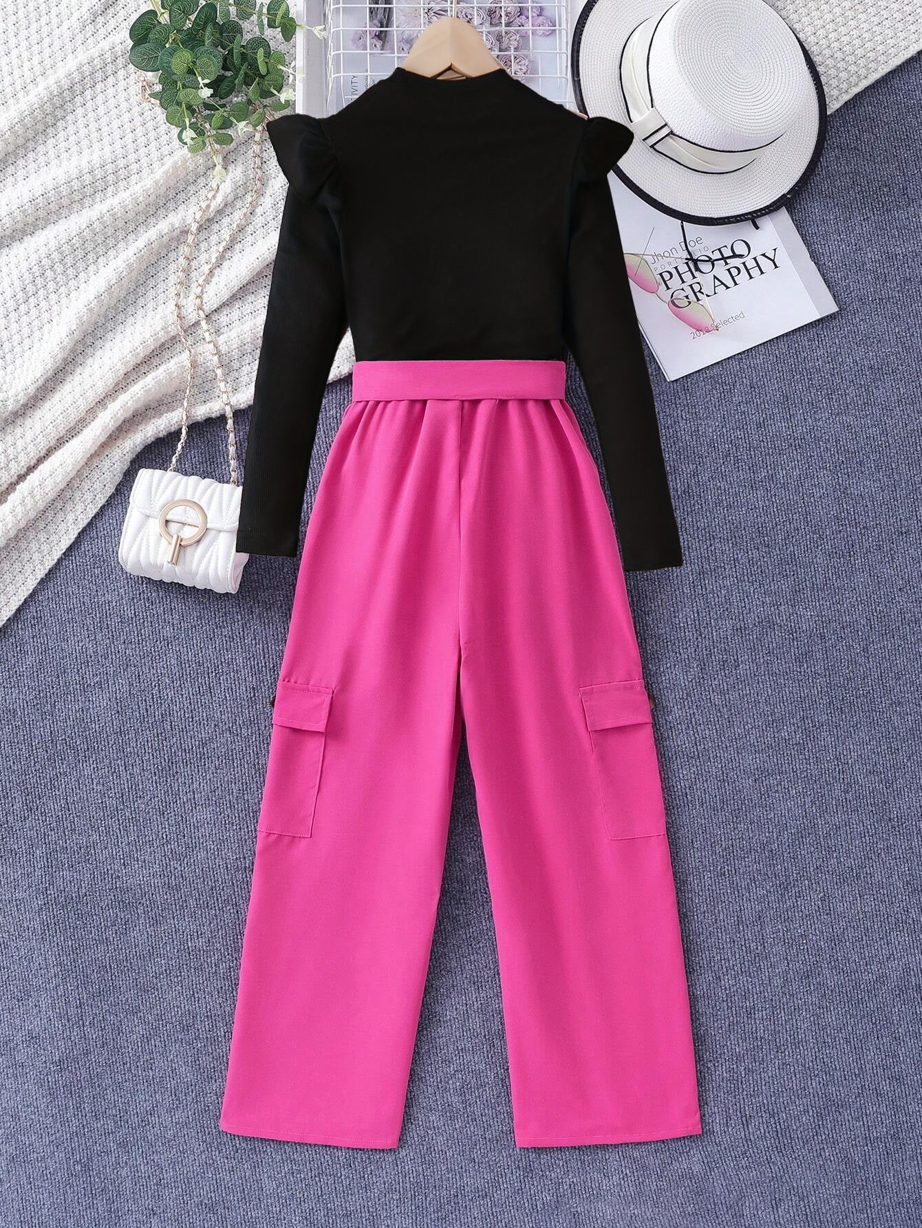 Girls' Ruffled Sleeve Top and High-Waisted Bow-Tied Cargo Pants Set Wholesale