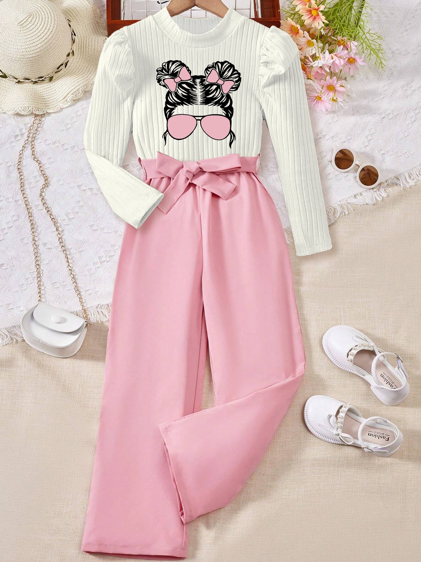 Girls'Ribbed Top & High-Waisted Belted Pants Set Wholesale