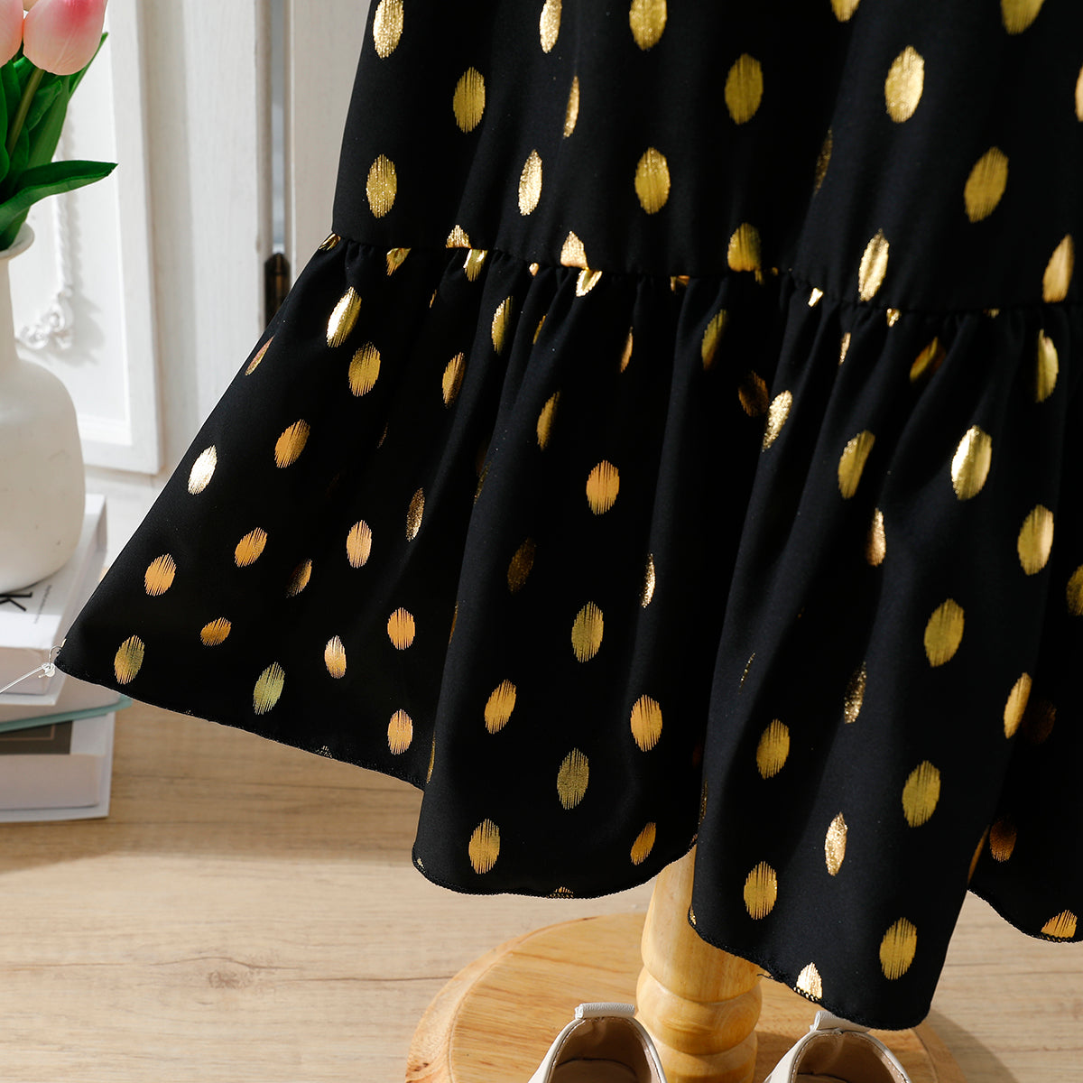 Girls' Black and Gold Polka Dot Maxi Dress with Waist Bow Wholesale