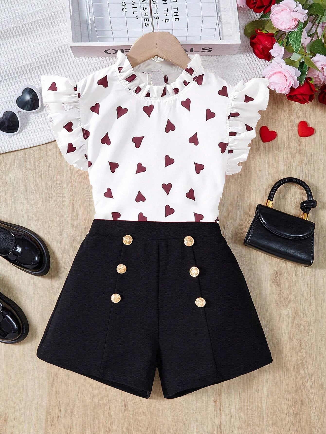 Girls' Heart Print Flutter Sleeve Top & Black Shorts Set Wholesale