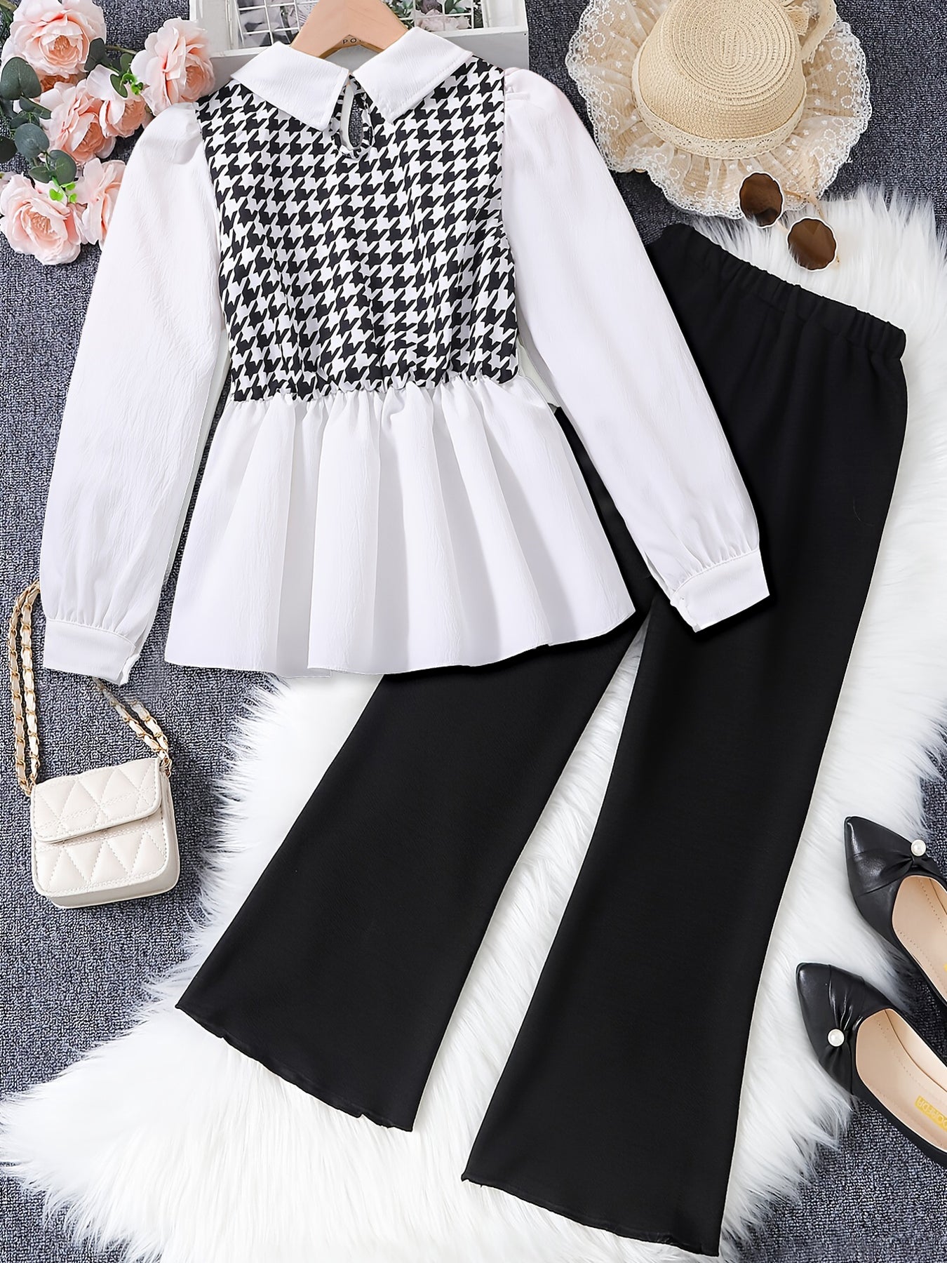 Girls' Houndstooth Peplum Top and Flared Pants Set Wholesale