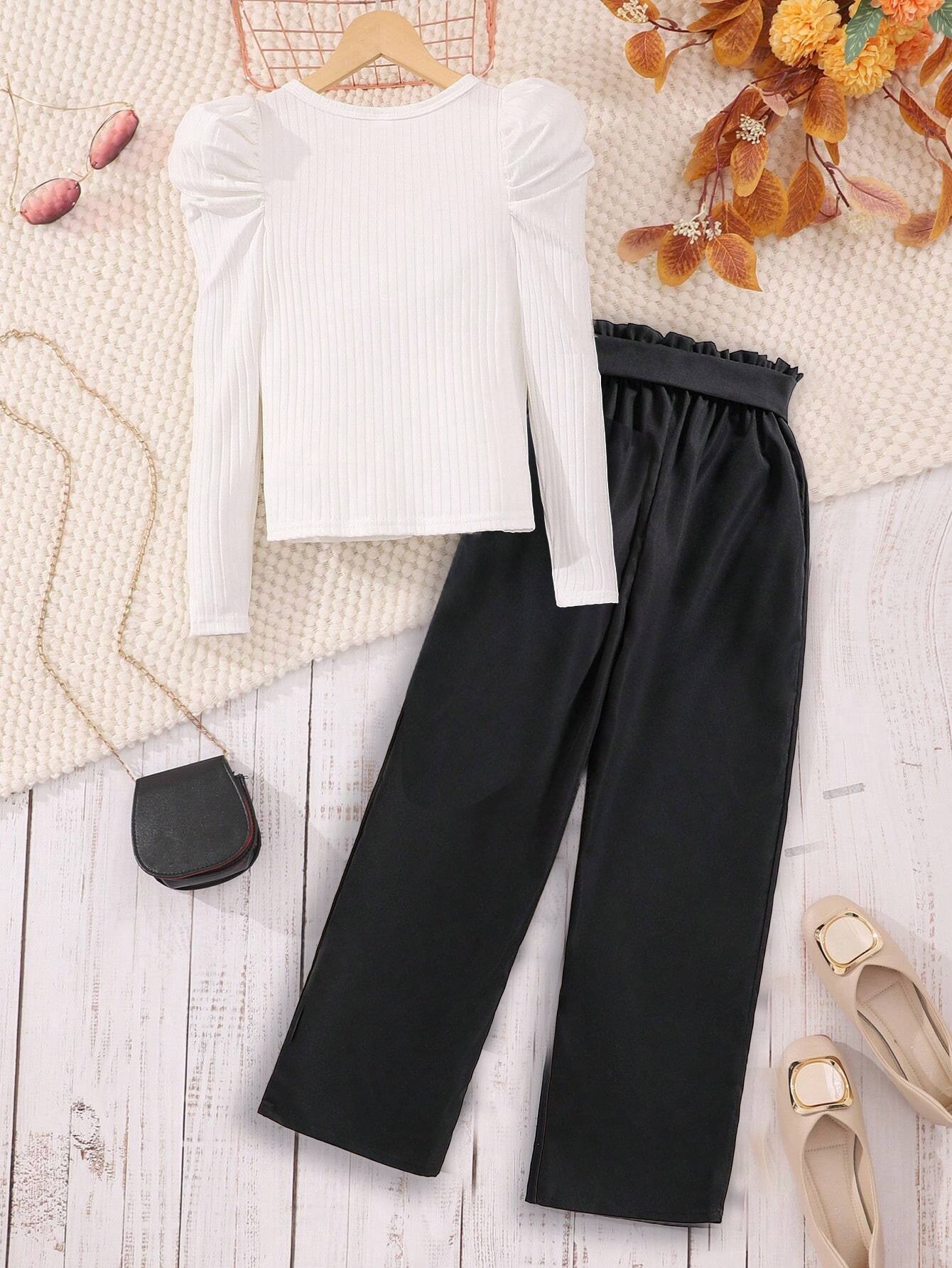 Girls' Puff Sleeve Top and Wide-Leg Pants Set Wholesale