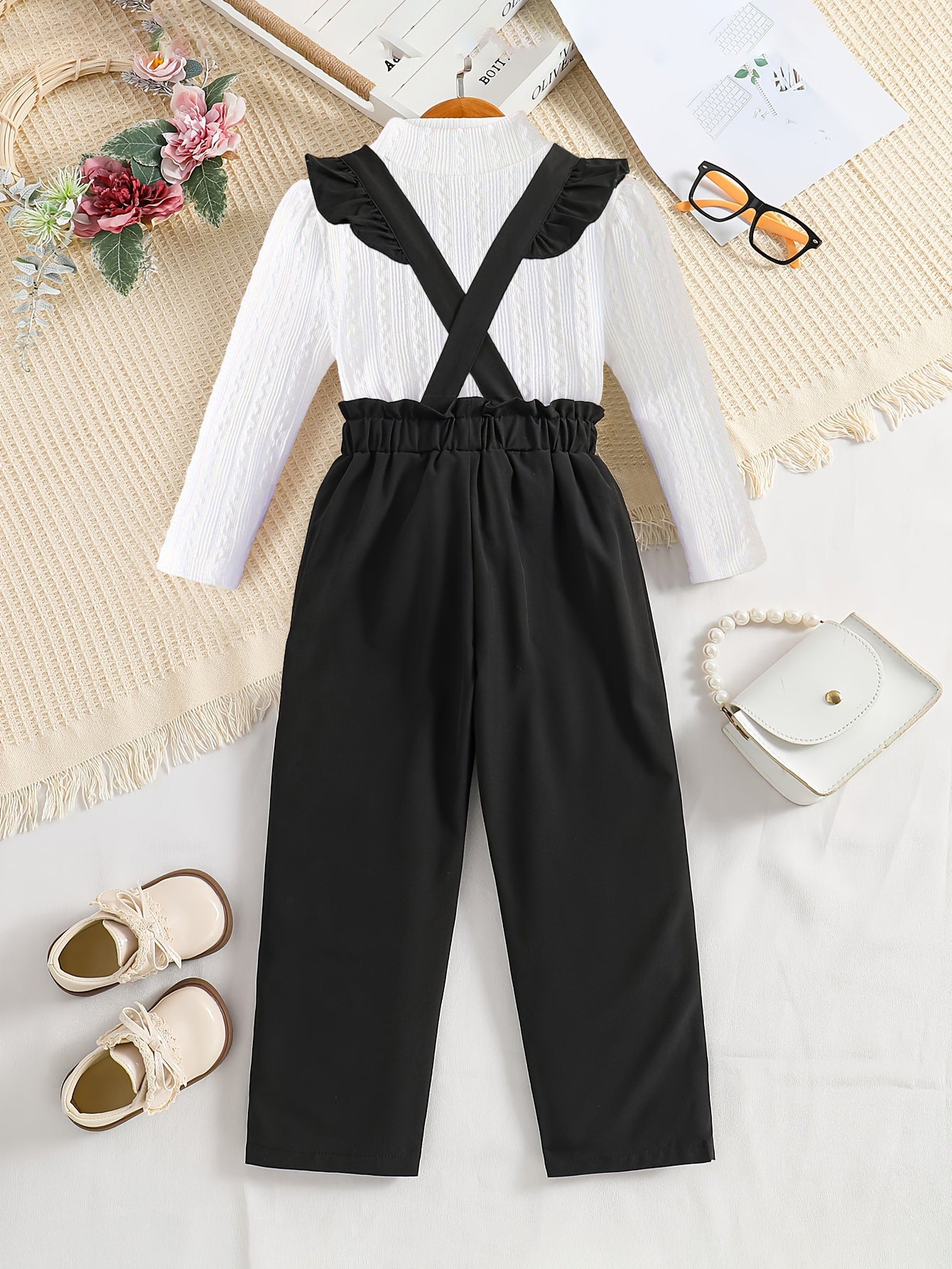 Girls' Ruffled Suspender Pants & Ribbed Knit Top Set Wholesale