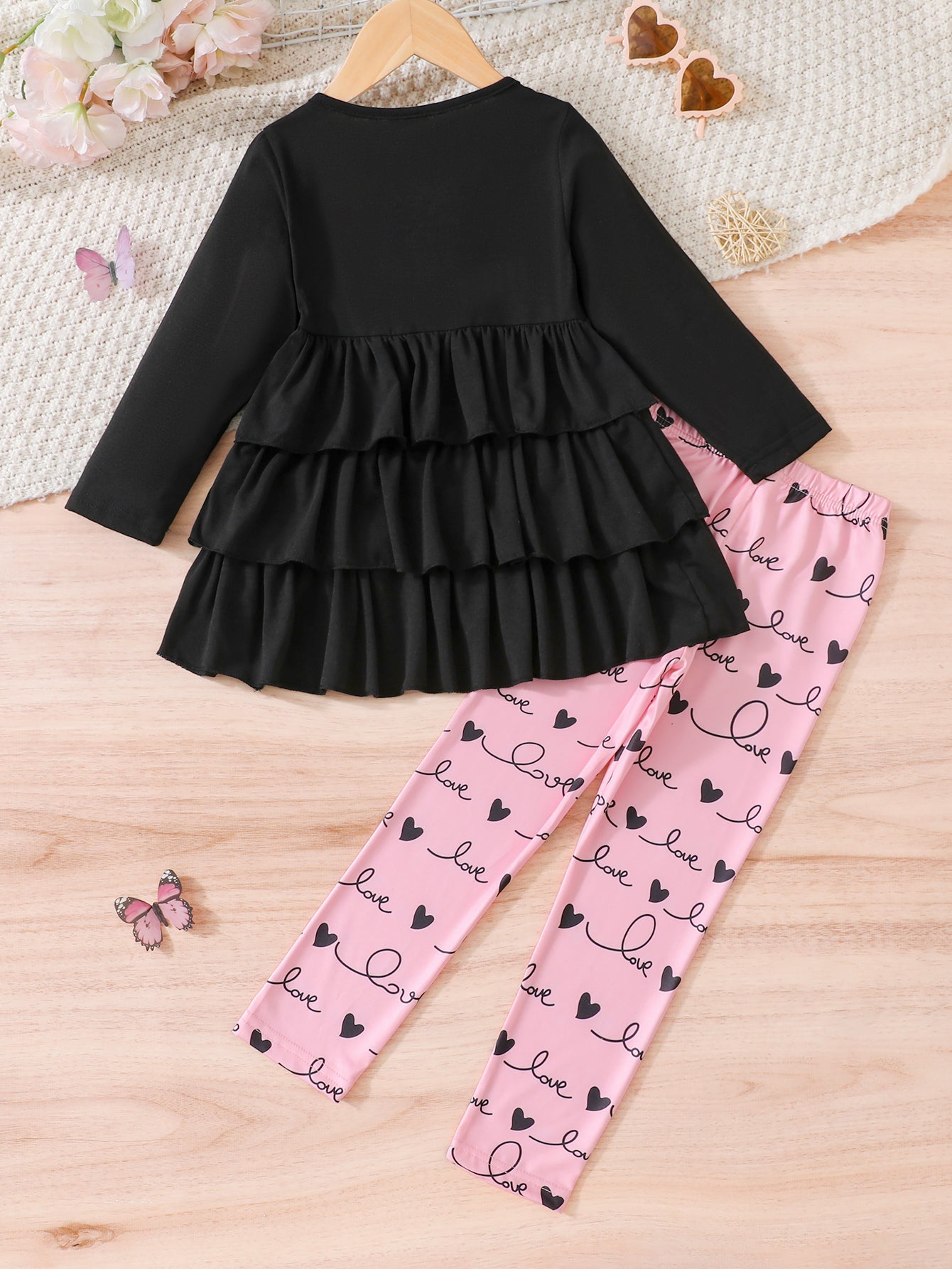 Girls' Black Ruffle Top & Pink Leggings Set Wholesale