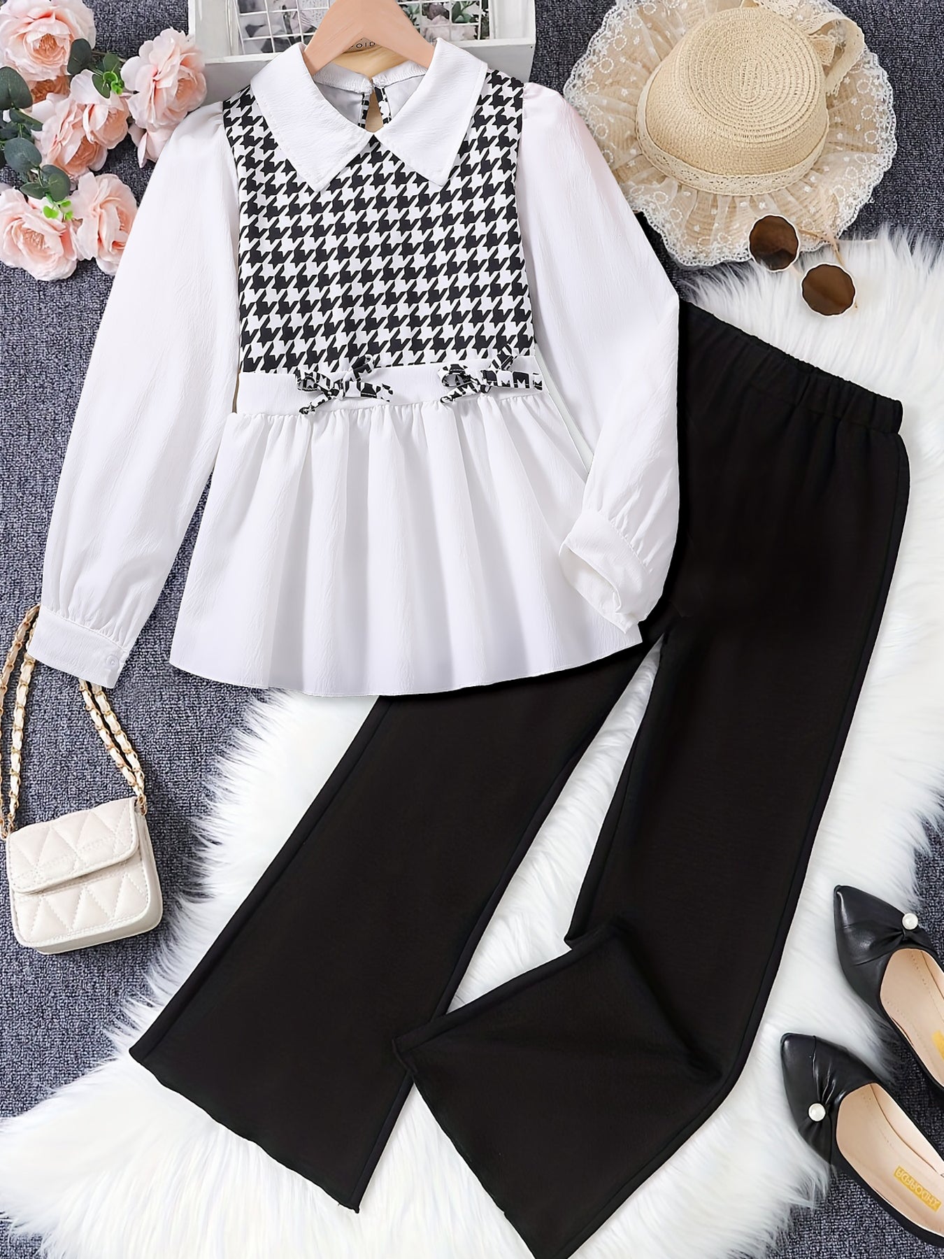 Girls' Houndstooth Peplum Top and Flared Pants Set Wholesale