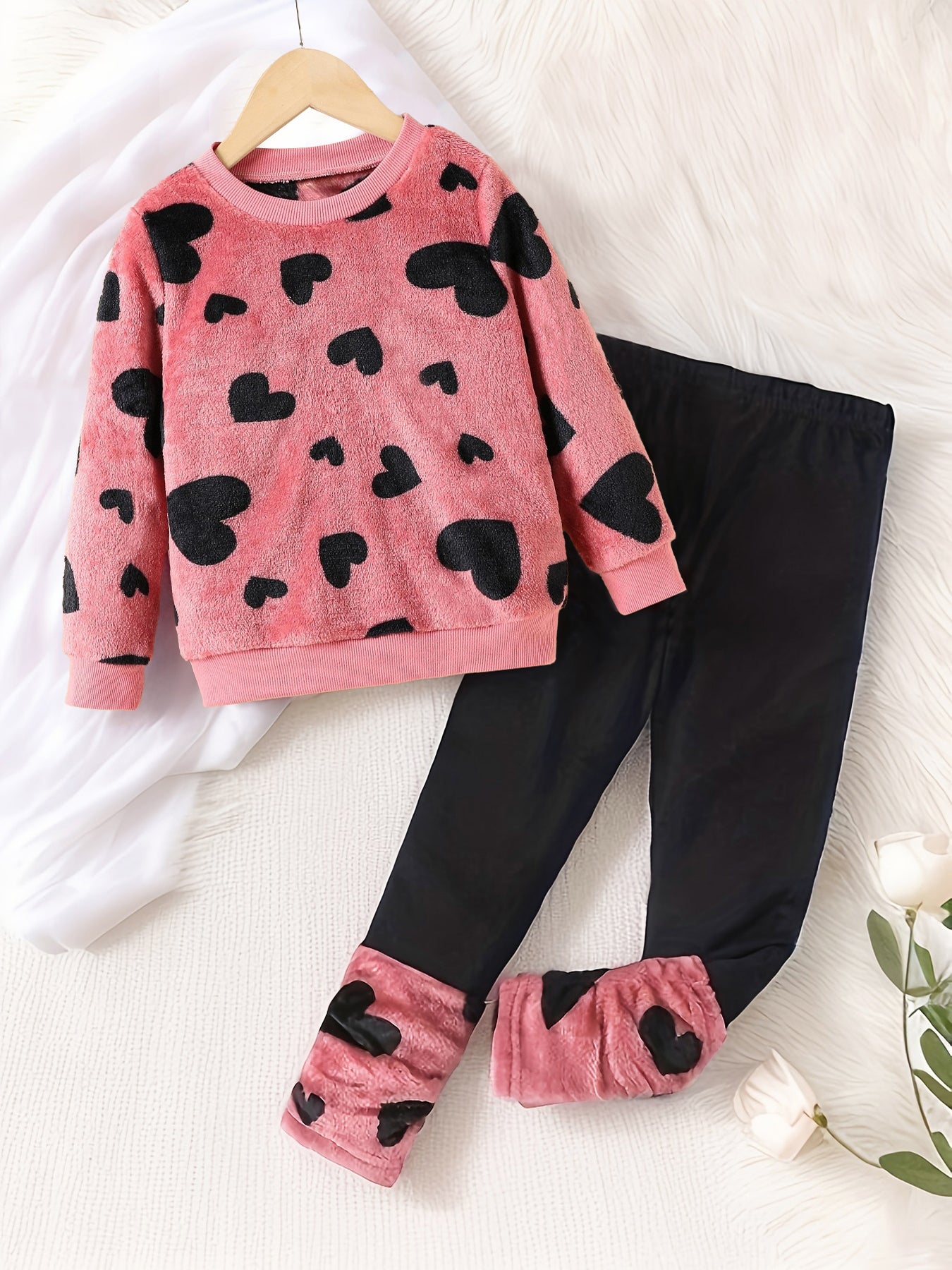 Heart Print Plush Sweatshirt & Leggings Set for Girls Wholesale