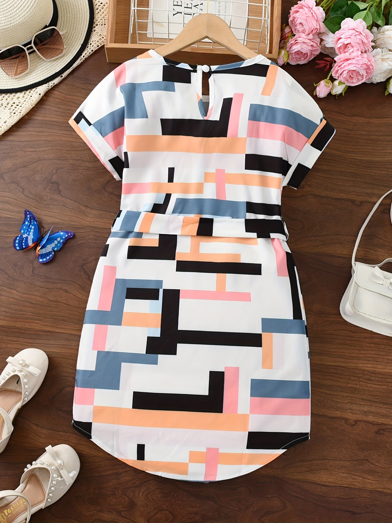 Girls' Geometric Print Belted Tunic Dress Wholesale