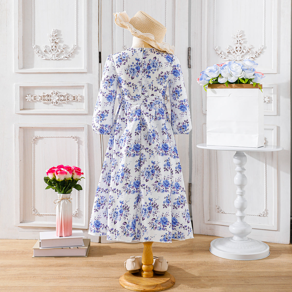 Girls' Pink Floral Long-Sleeve Maxi Dress Wholesale