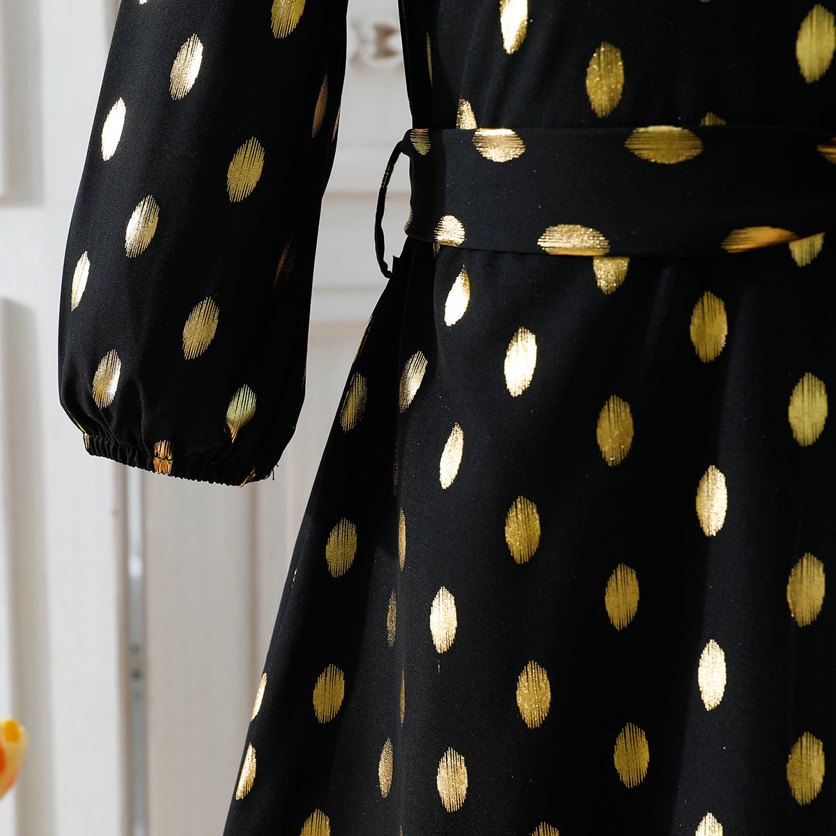 Girls' Black and Gold Polka Dot Maxi Dress with Waist Bow Wholesale