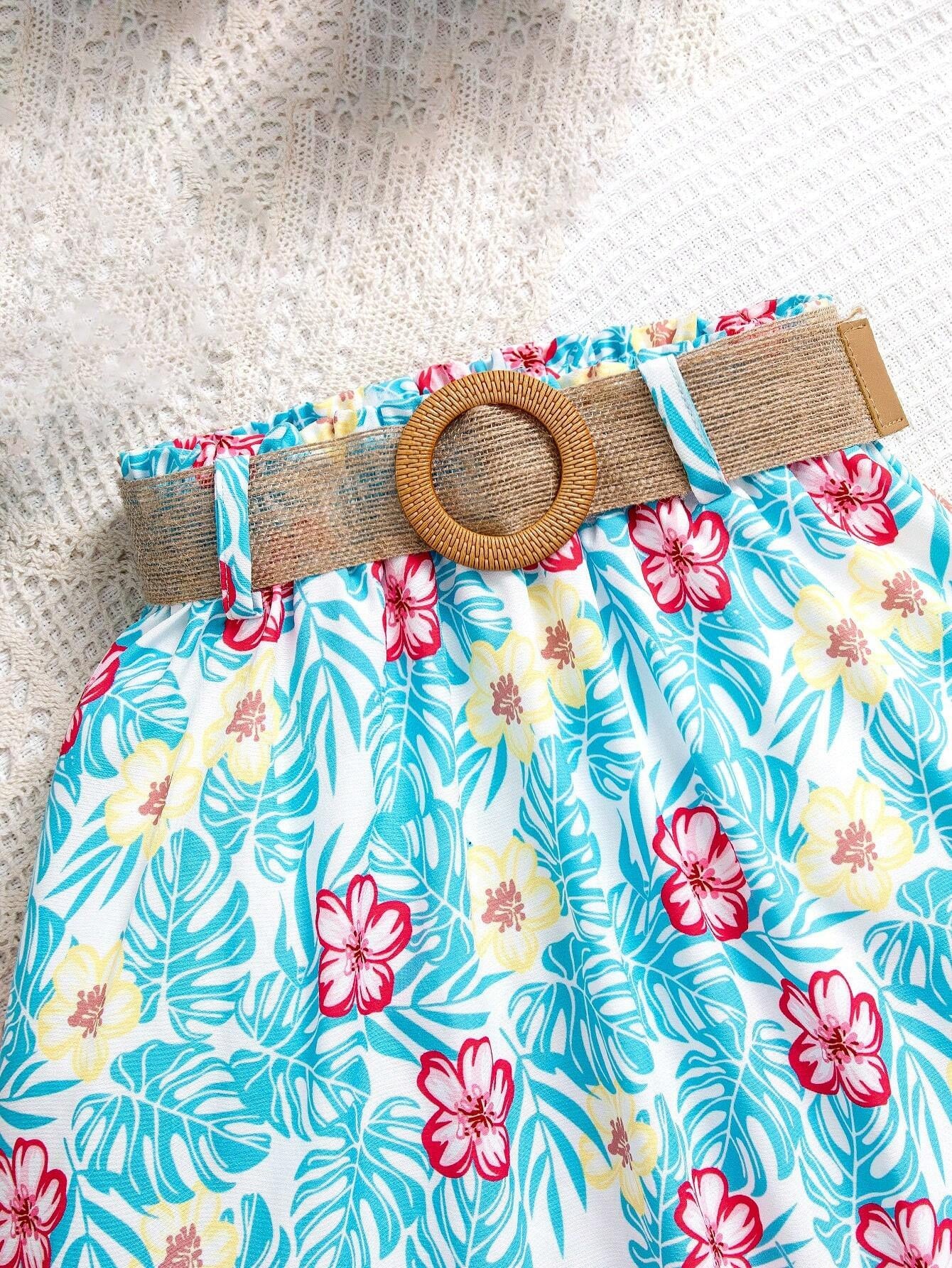 Girls' Tropical Floral Skirt and Mint Green Ribbed Top Set Wholesale