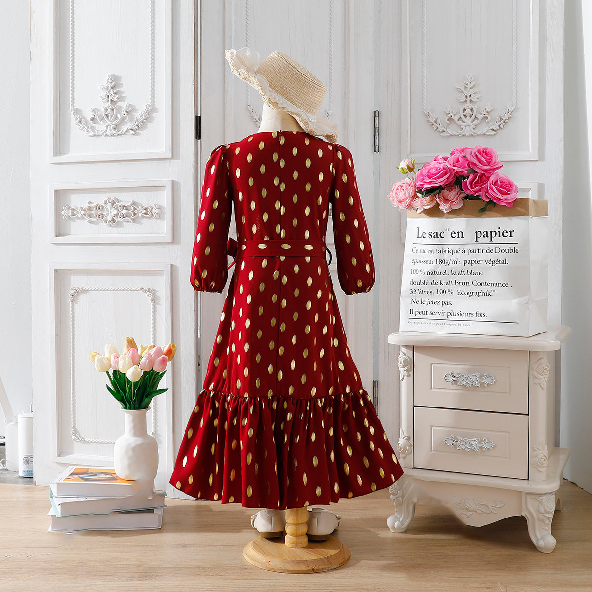 Girls' Burgundy Gold Polka Dot Maxi Dress with Waist Bow Wholesale