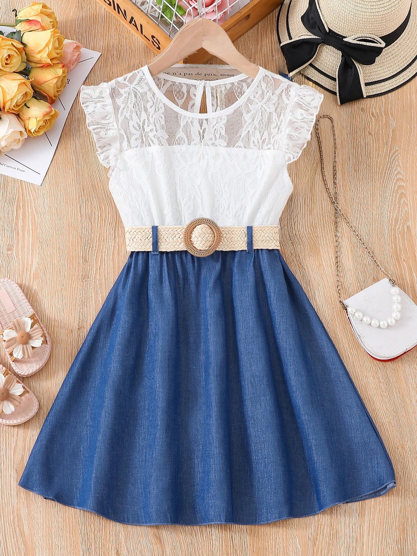 Girls' Faux Denim & Lace Summer Dress with Woven Belt Wholesale