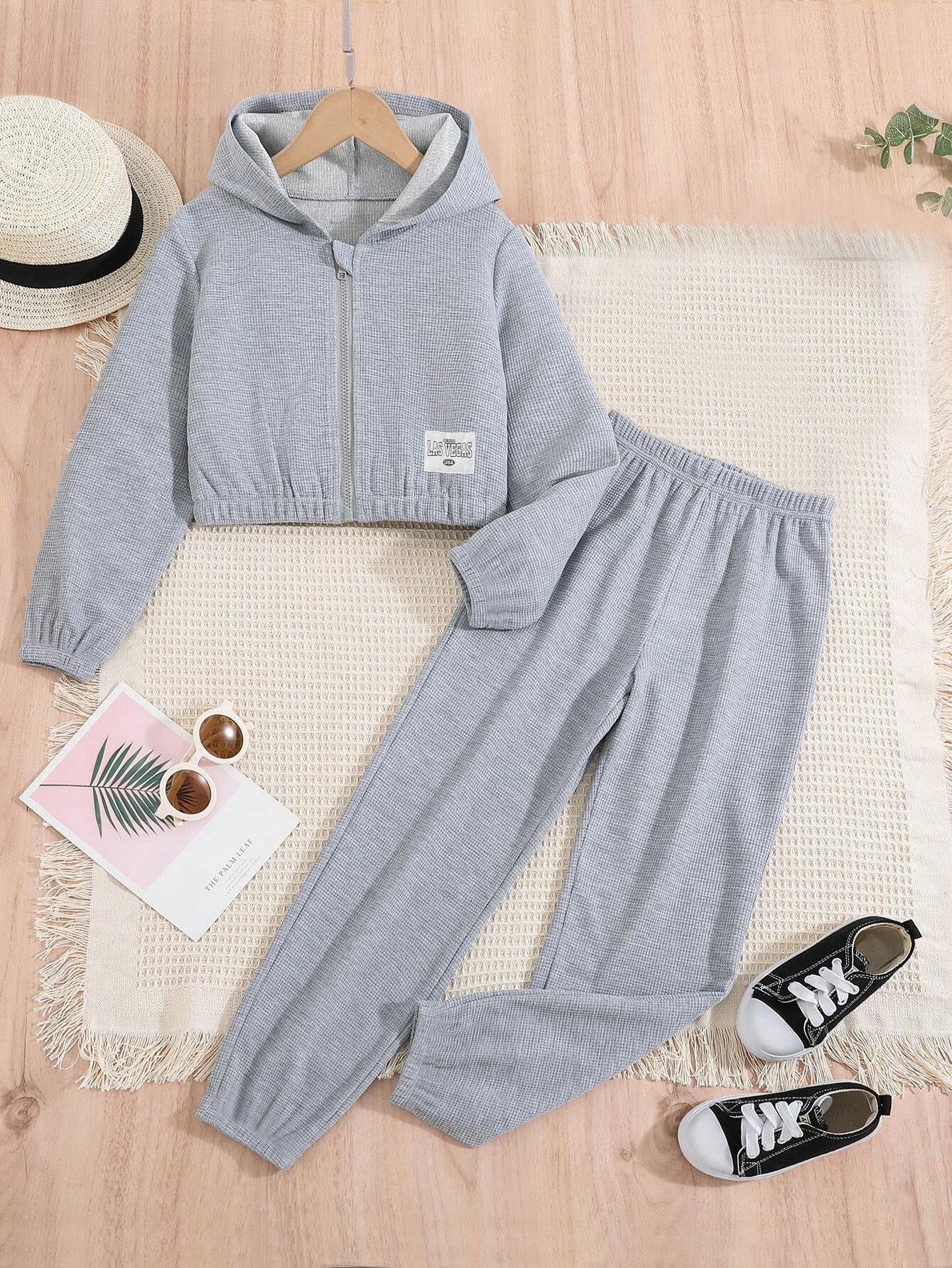 Girls' Casual Gray Hooded Zip-Up Jogger Set BeiLa Wholesale