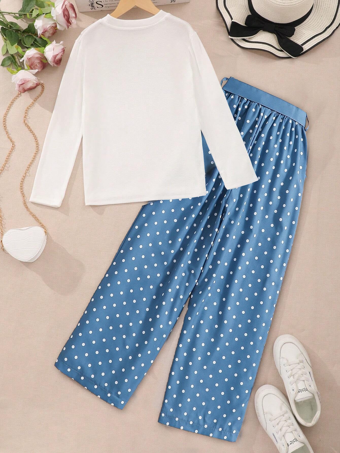 Girls' Ribbed Crewneck Top & Polka Dot Pants set Wholesale