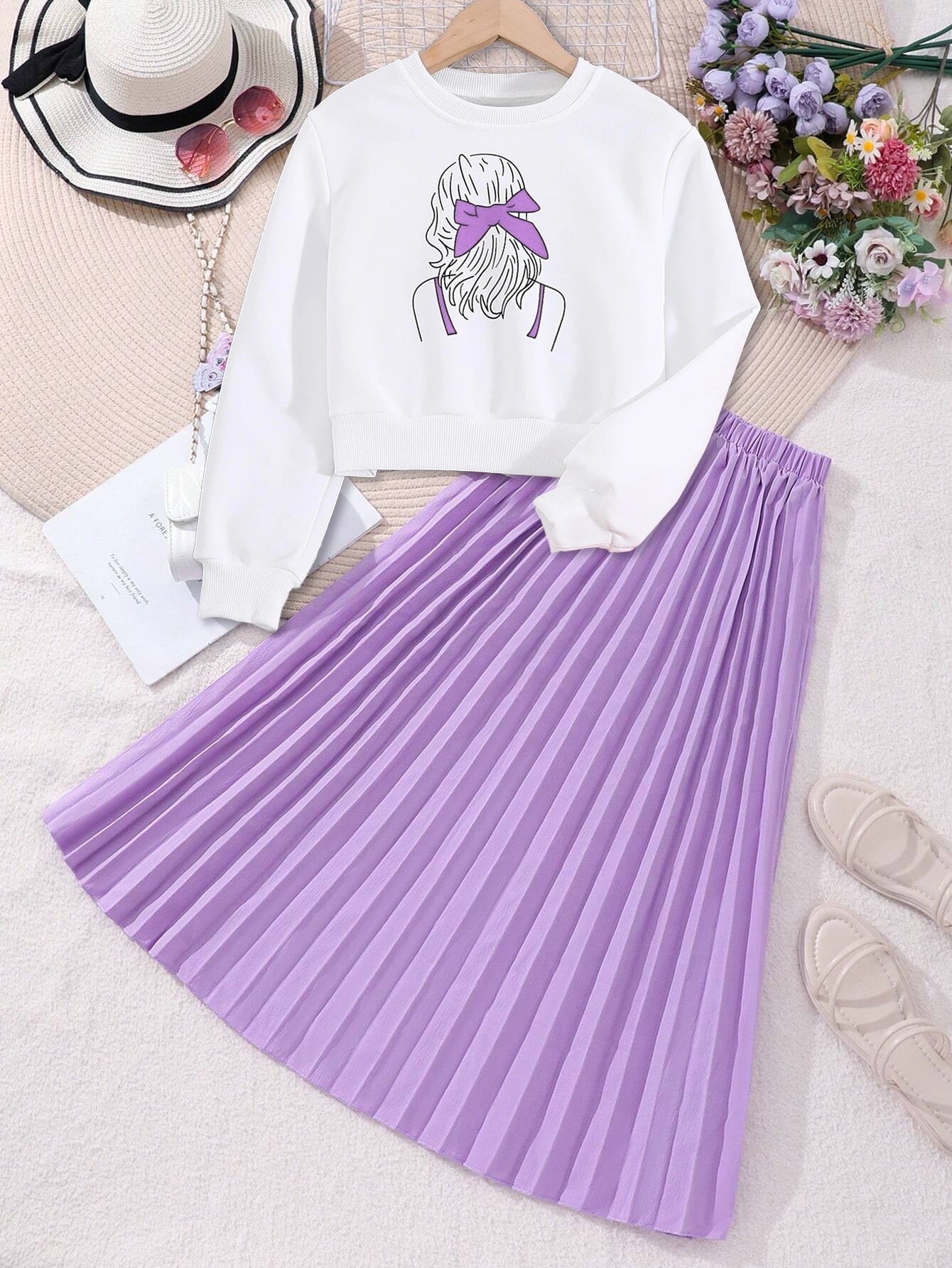 Girls' Graphic Print Sweatshirt and Pleated Midi Skirt Set Wholesale