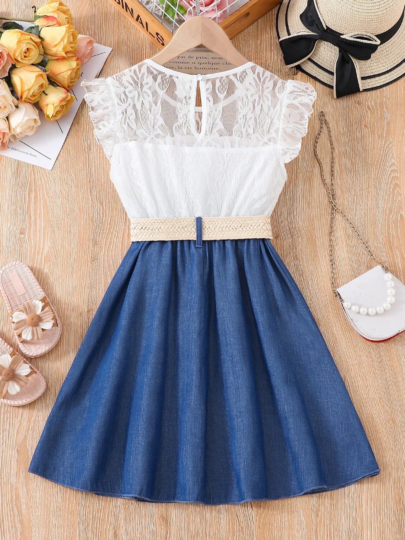 Girls' Faux Denim & Lace Summer Dress with Woven Belt Wholesale