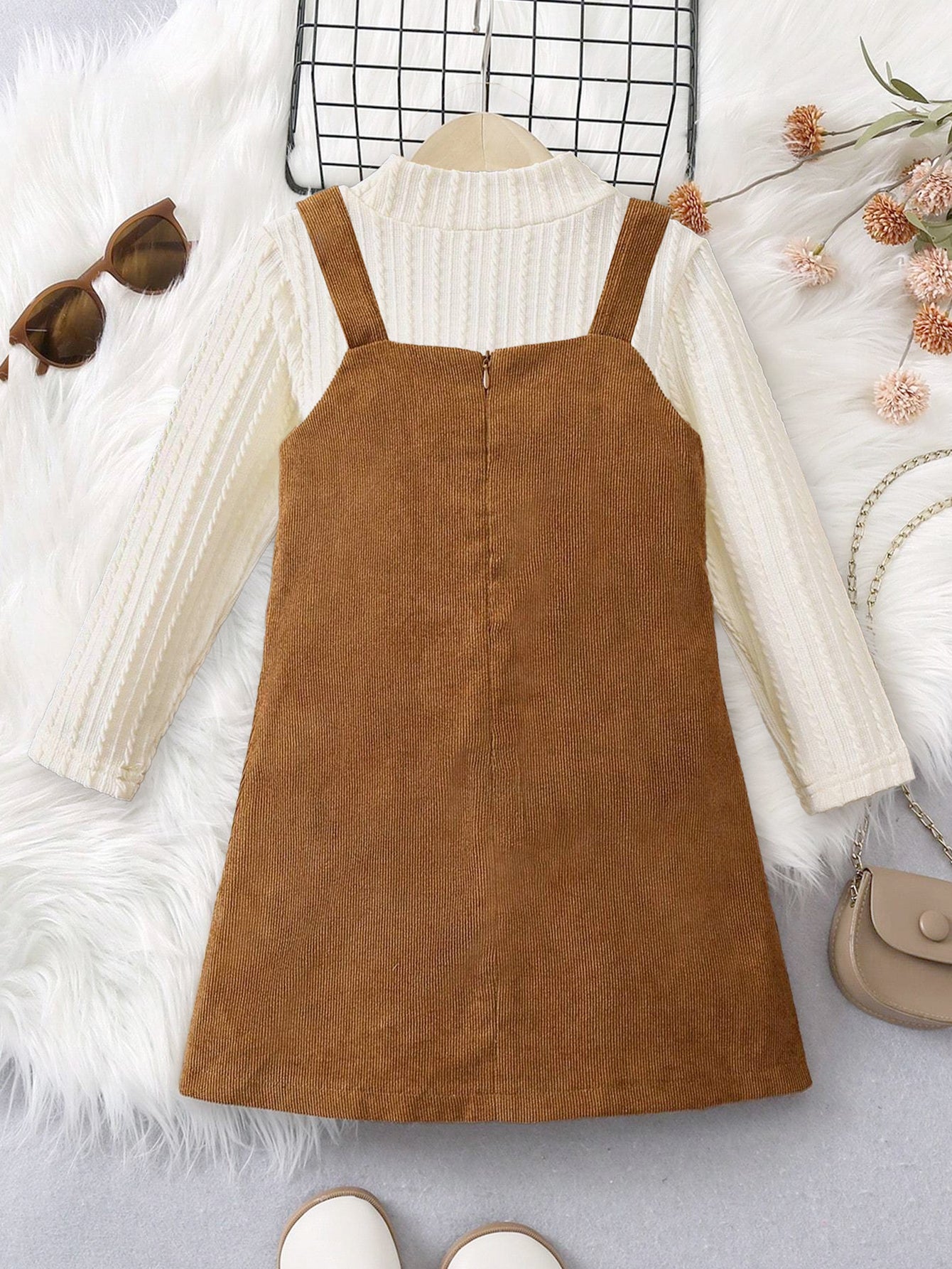 Girls' Cozy Corduroy Pinafore Dress with Ribbed Knit Top Wholesale